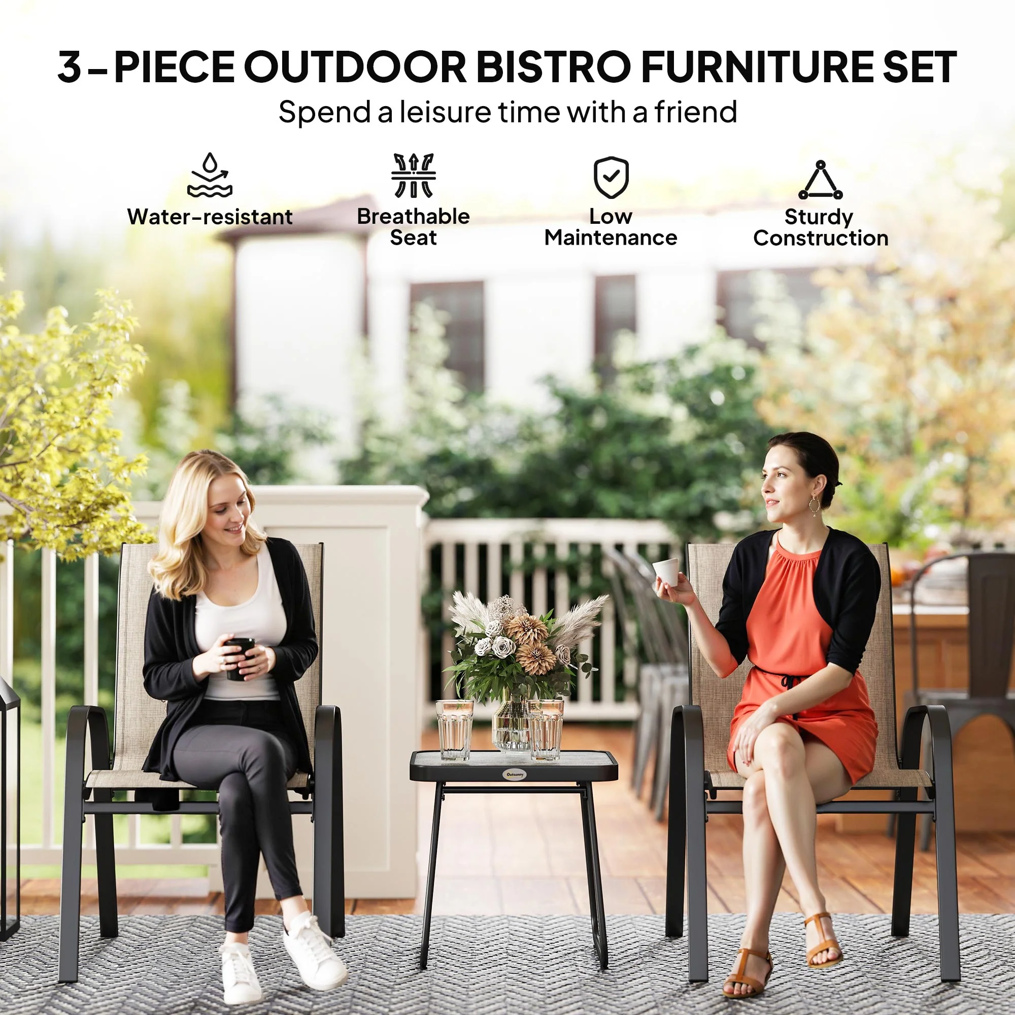 Outsunny 3PCs Bistro Set w/ Breathable Mesh Fabric & PSC Board Top Table, Brown - Image 3