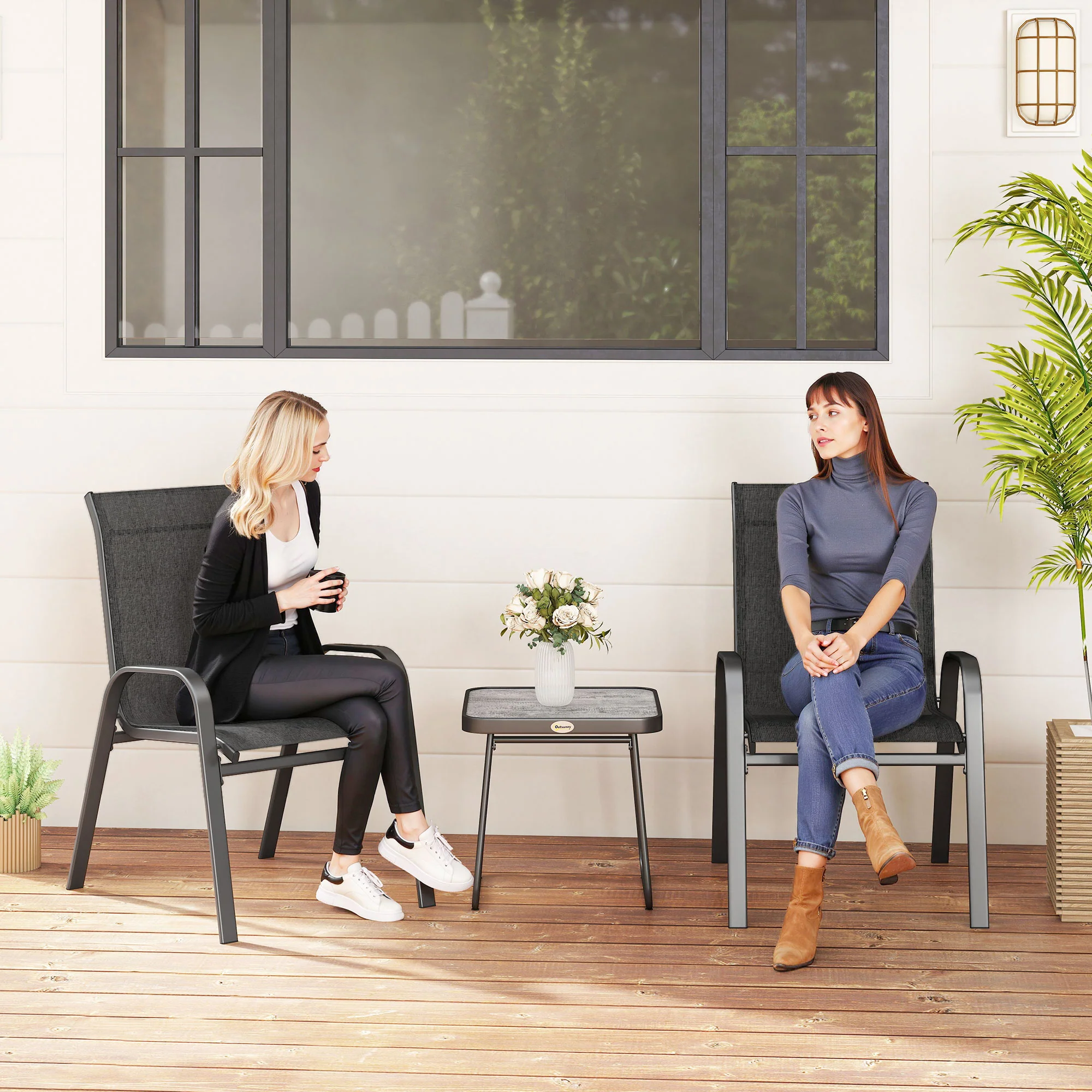 Outsunny 3PCs Bistro Set With Breathable Mesh Fabric Stackable Chairs - Grey/Black - Image 11