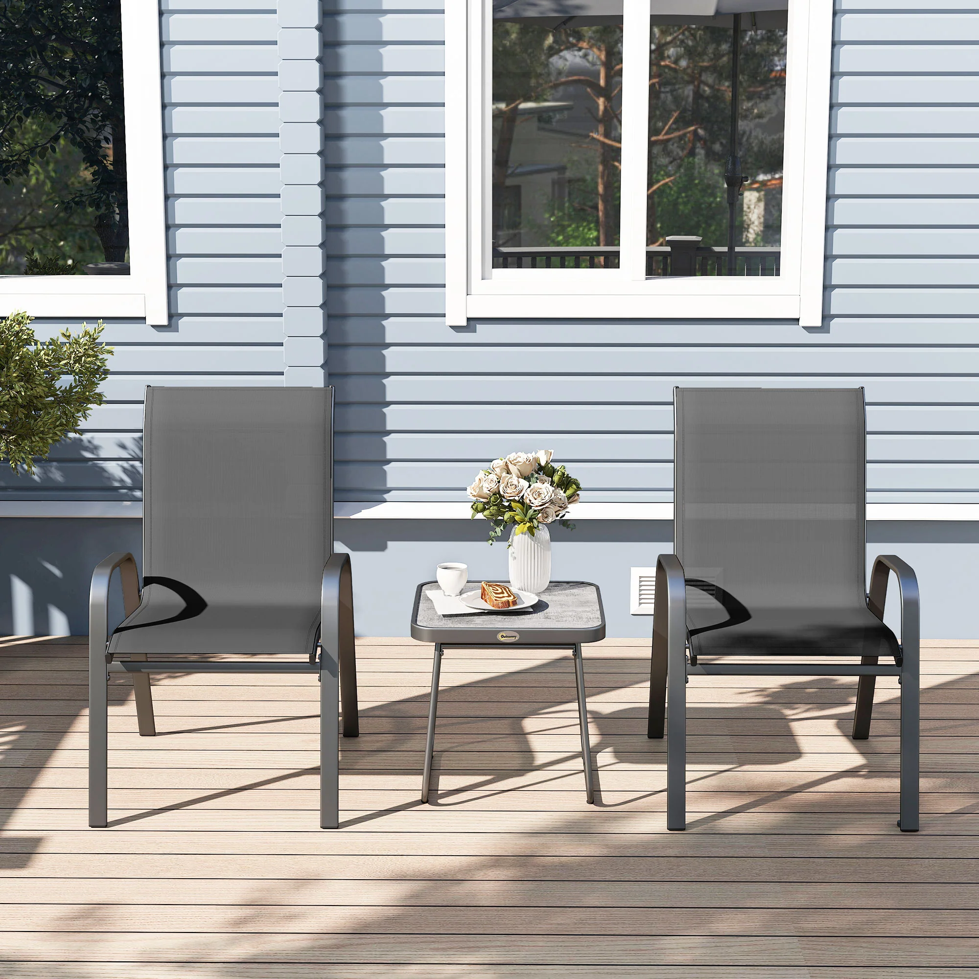 Outsunny 3PCs Bistro Set With Breathable Mesh Fabric Stackable Chairs - Grey/Black - Image 16