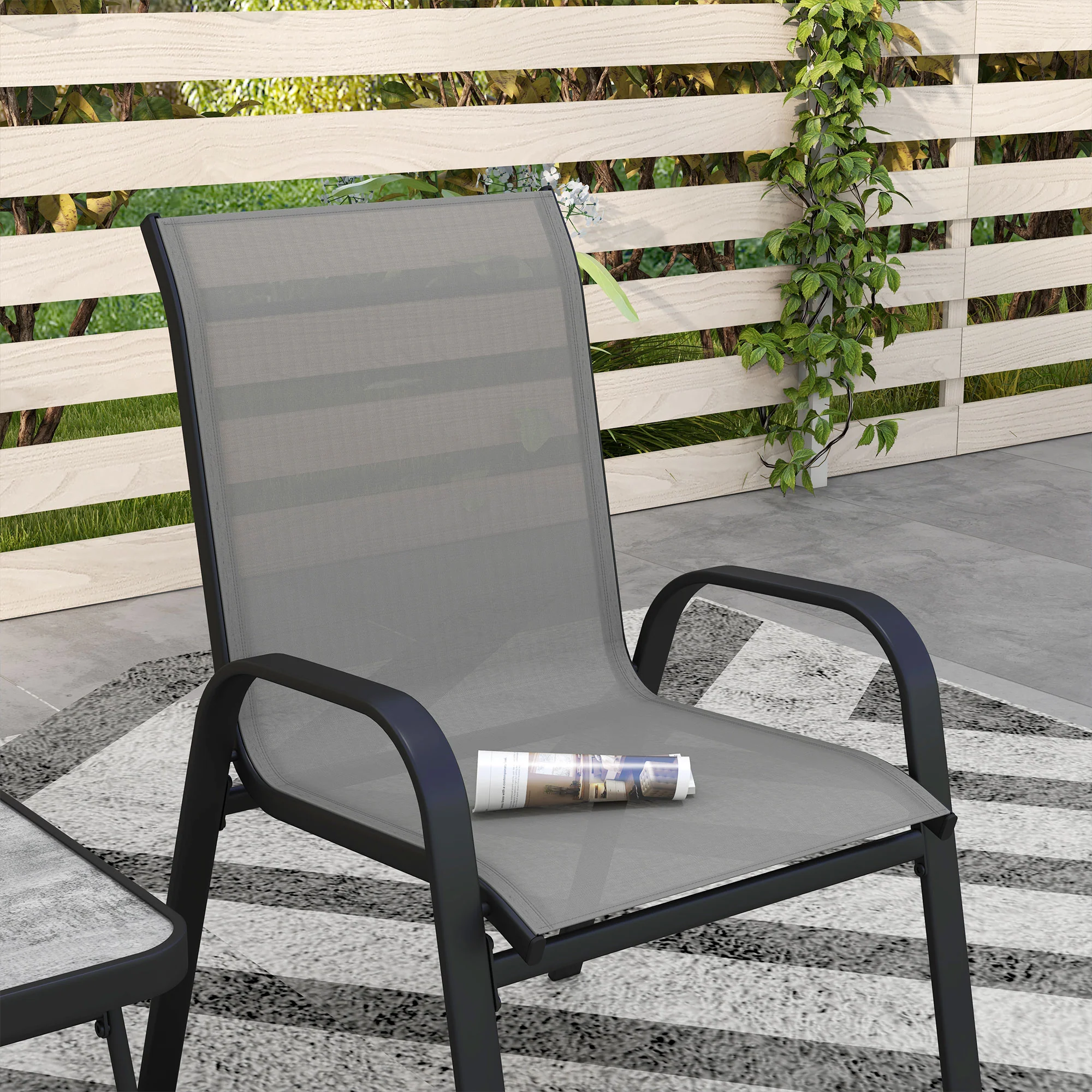 Outsunny 3PCs Bistro Set With Breathable Mesh Fabric Stackable Chairs - Grey/Black - Image 8