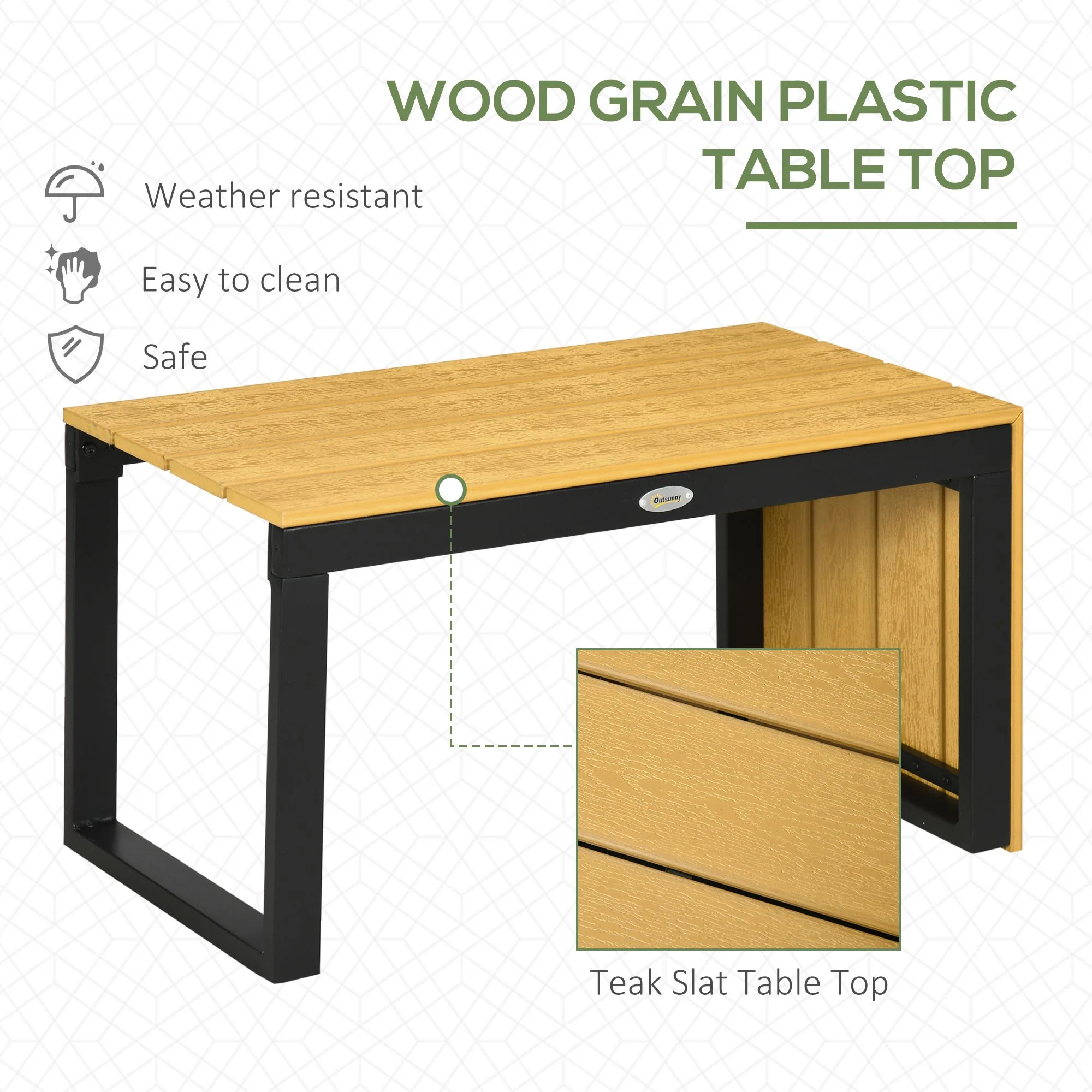 Outsunny 3PCs Patio Furniture Set w/ Cushions, Wood Grain Plastic Top Table - Image 3