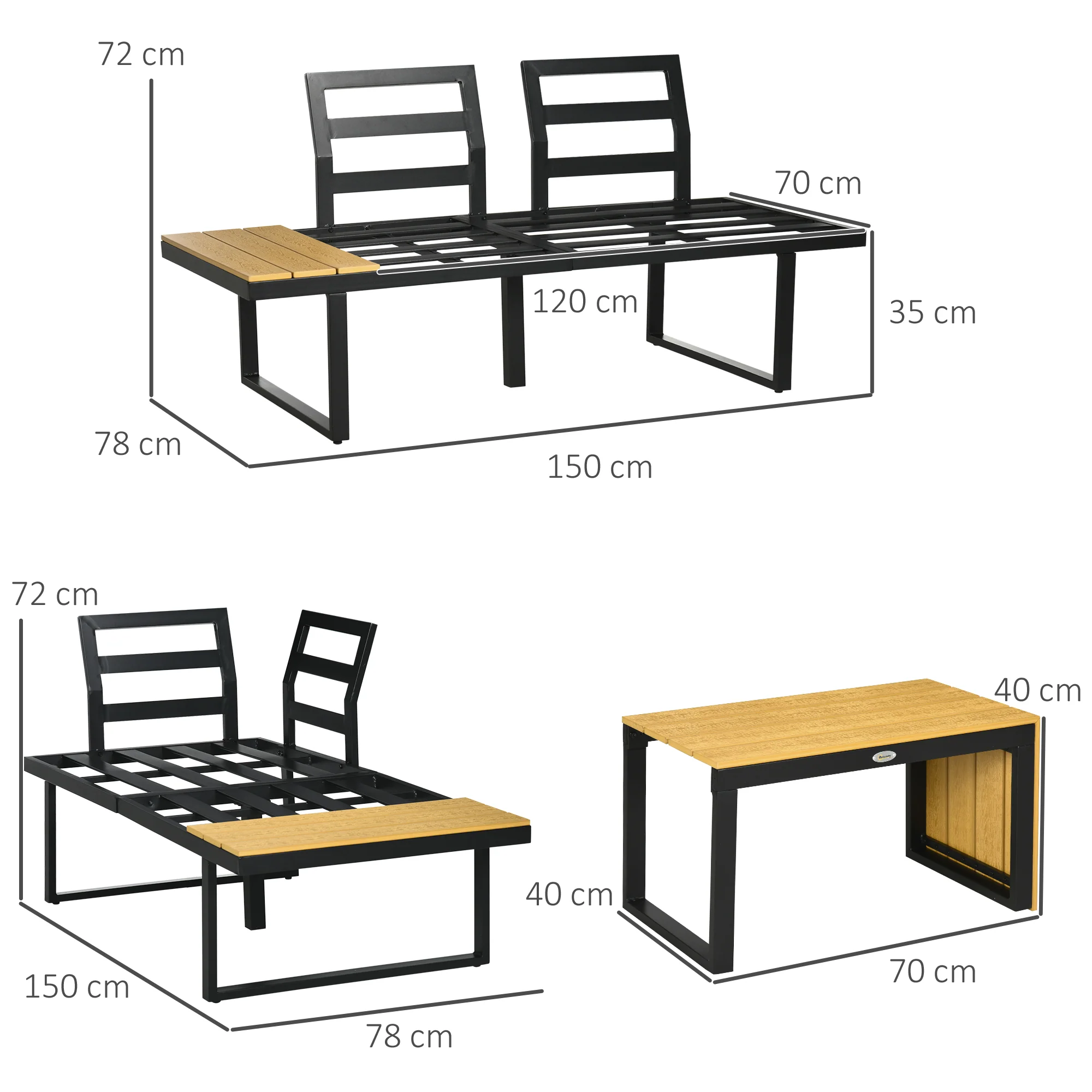 Outsunny 3PCs Patio Furniture Set w/ Cushions, Wood Grain Plastic Top Table - Image 4