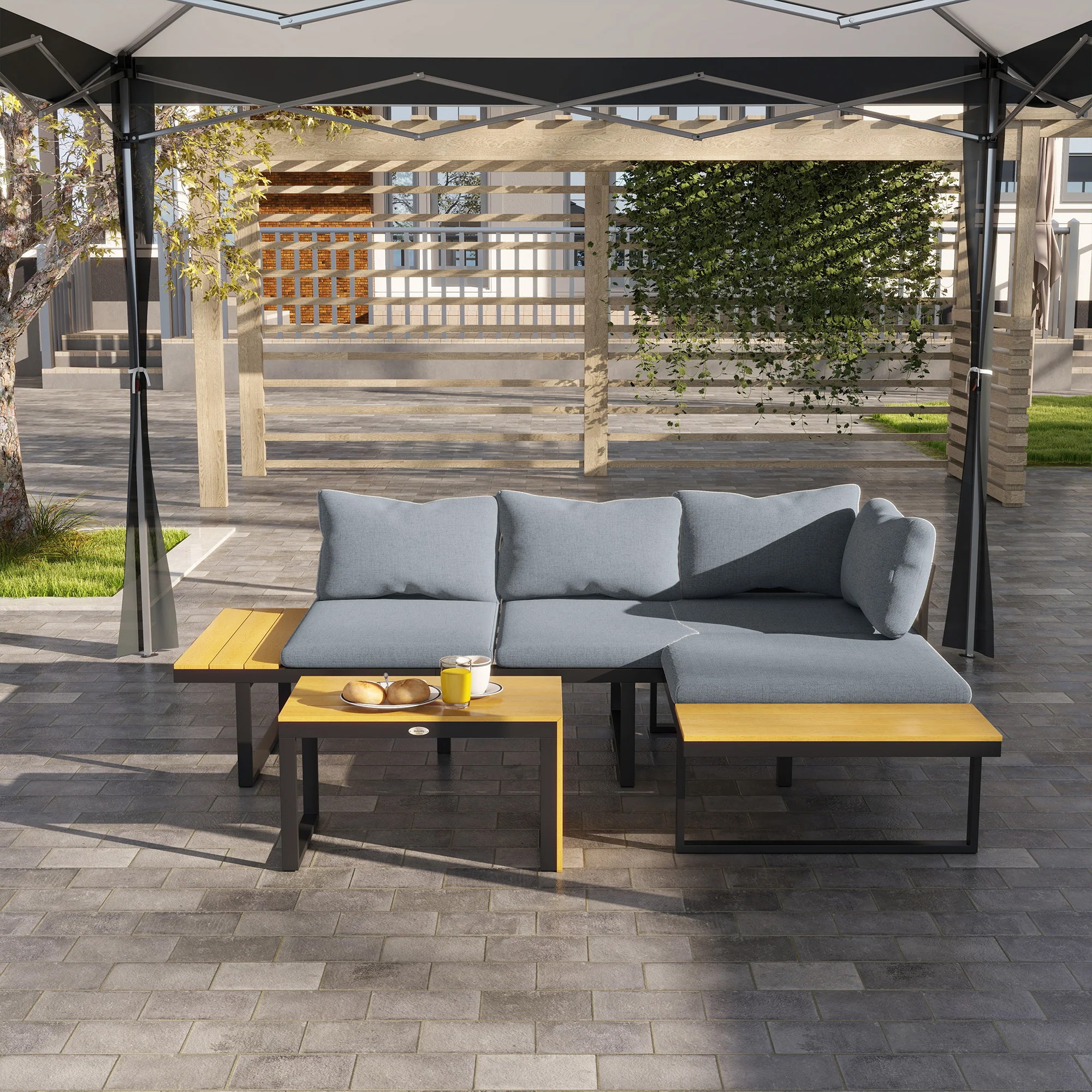 Outsunny 3PCs Patio Furniture Set w/ Cushions, Wood Grain Plastic Top Table - Image 8