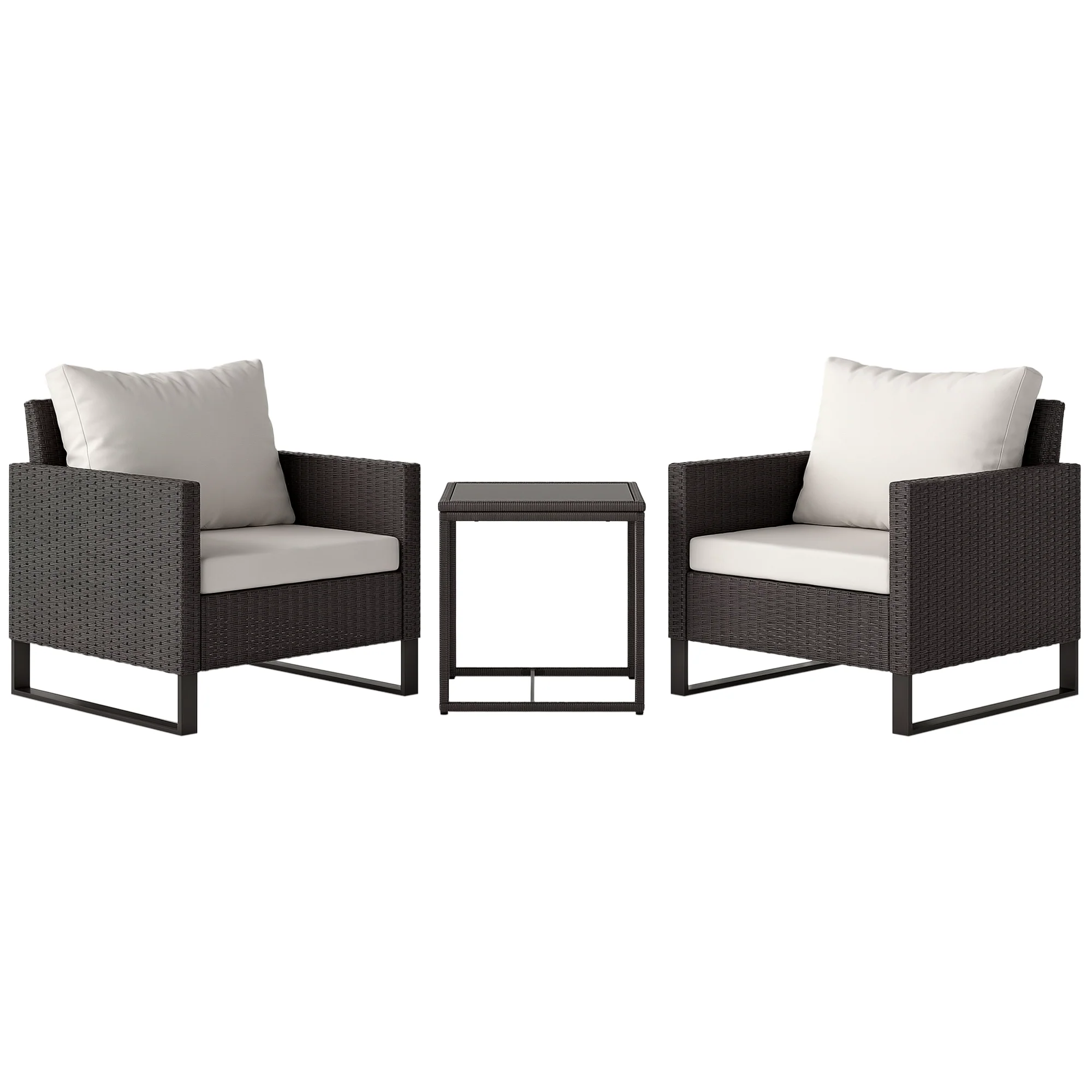Outsunny 3PCS Rattan Bistro Set Glass Top Table and Chairs with 4 Cushions