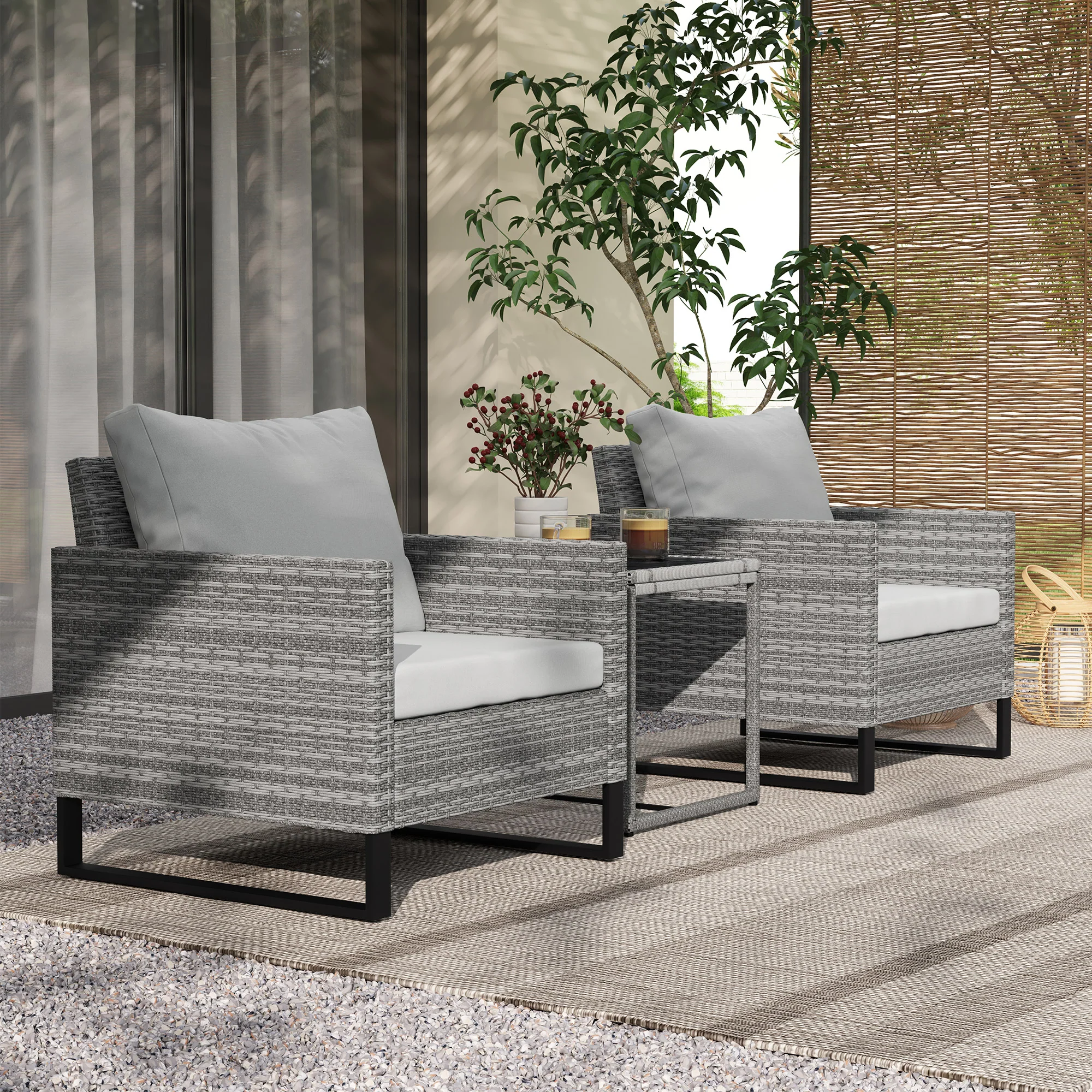 Outsunny 3PCS Rattan Bistro Set Glass Top Table and Chairs with 4 Cushions - Image 11