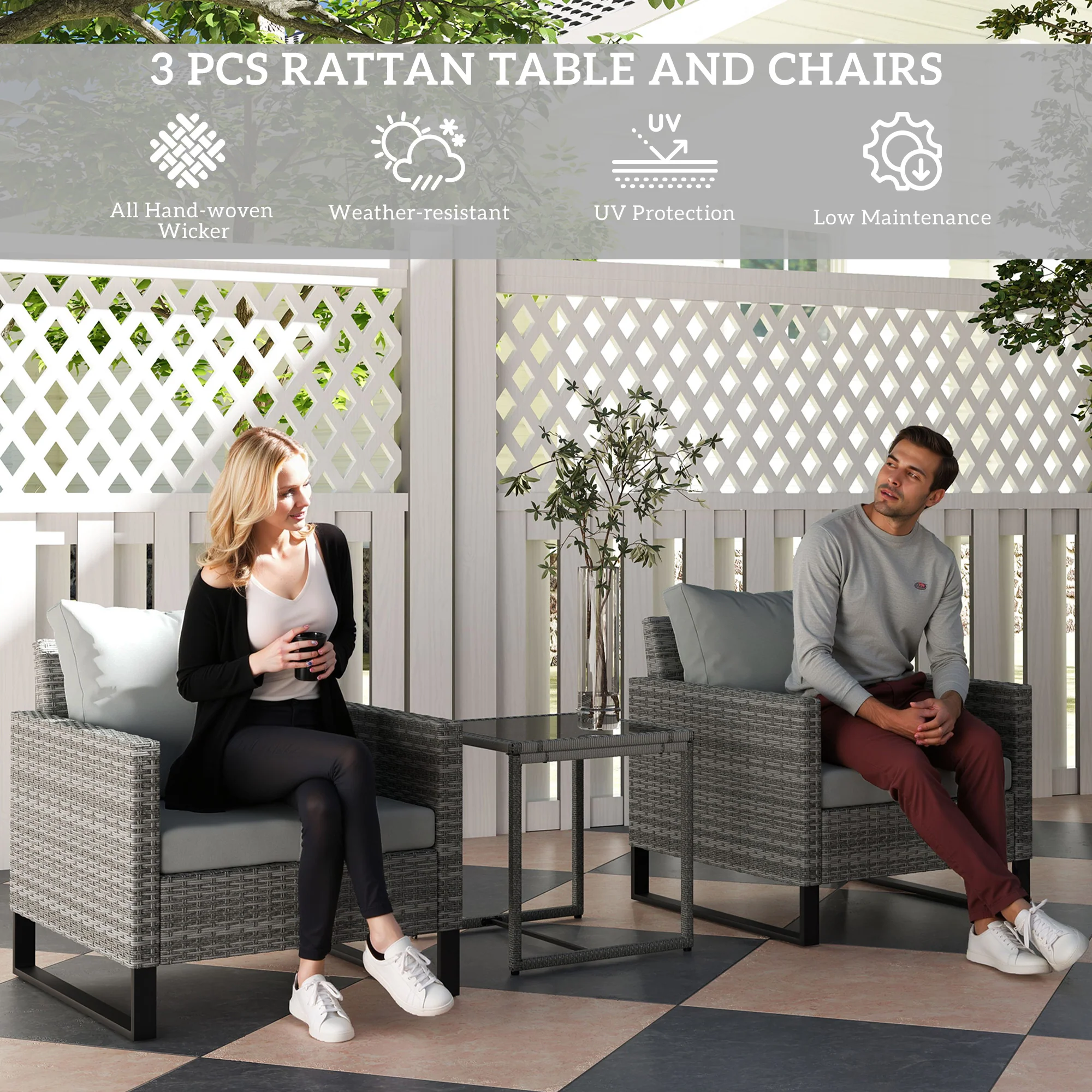 Outsunny 3PCS Rattan Bistro Set Glass Top Table and Chairs with 4 Cushions - Image 12