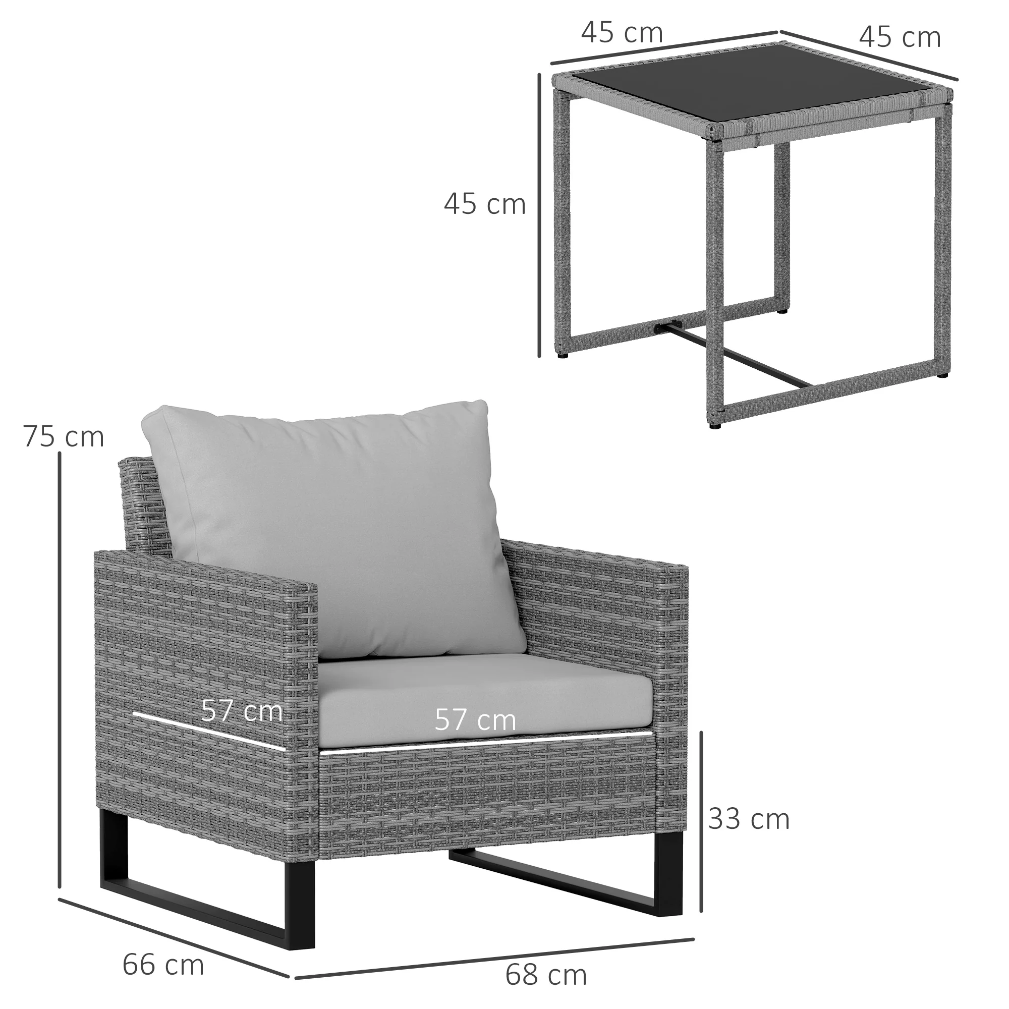 Outsunny 3PCS Rattan Bistro Set Glass Top Table and Chairs with 4 Cushions - Image 14