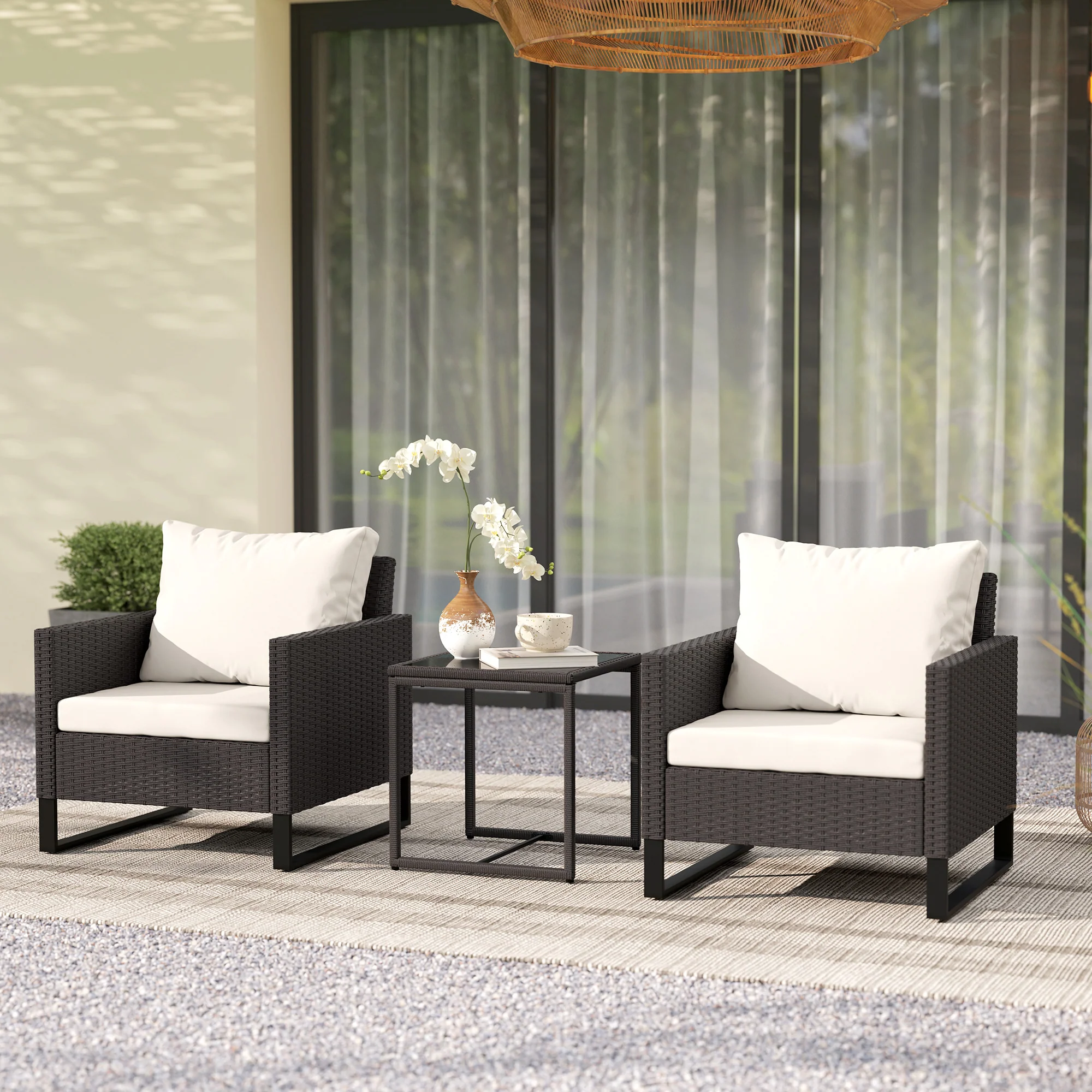 Outsunny 3PCS Rattan Bistro Set Glass Top Table and Chairs with 4 Cushions - Image 2