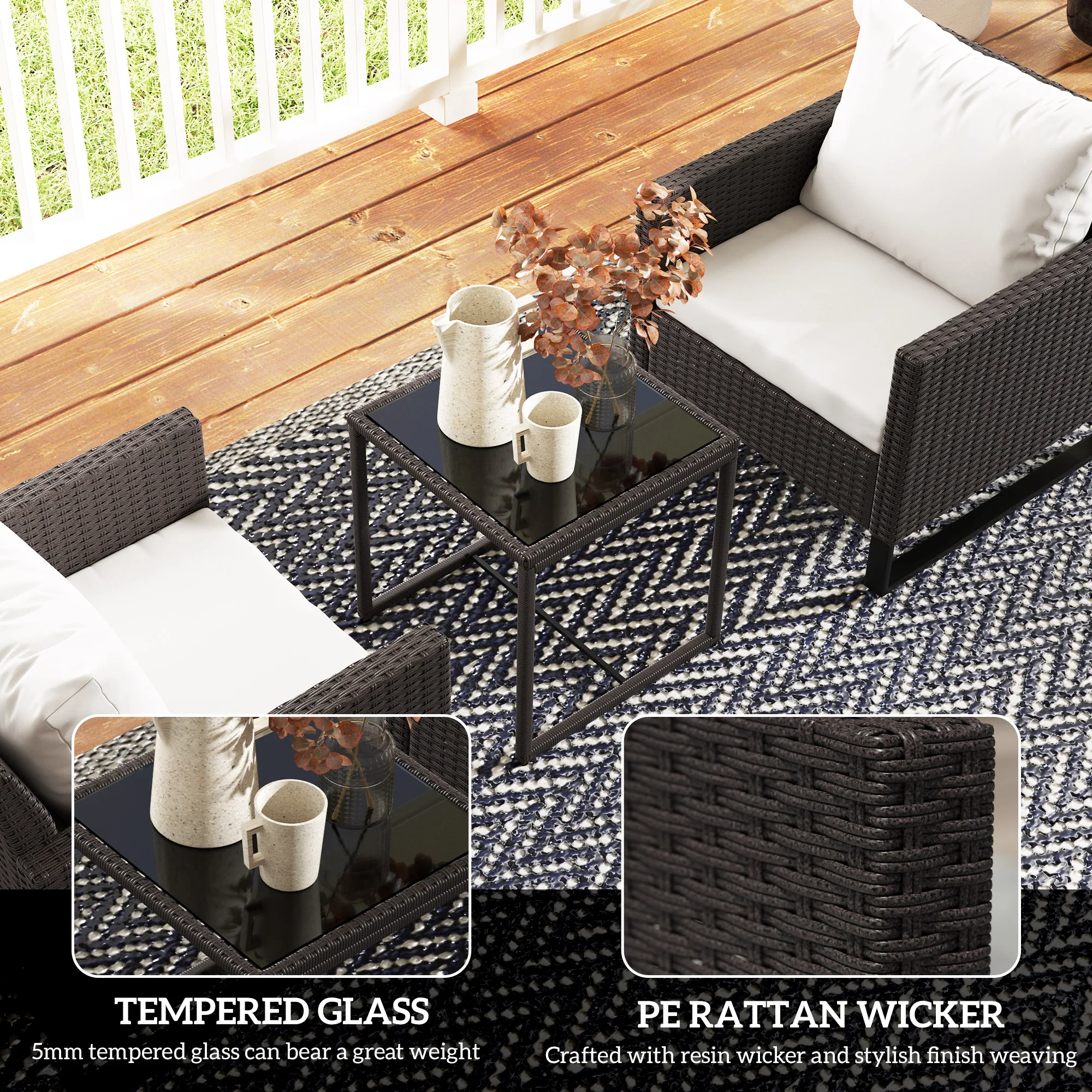 Outsunny 3PCS Rattan Bistro Set Glass Top Table and Chairs with 4 Cushions - Image 6