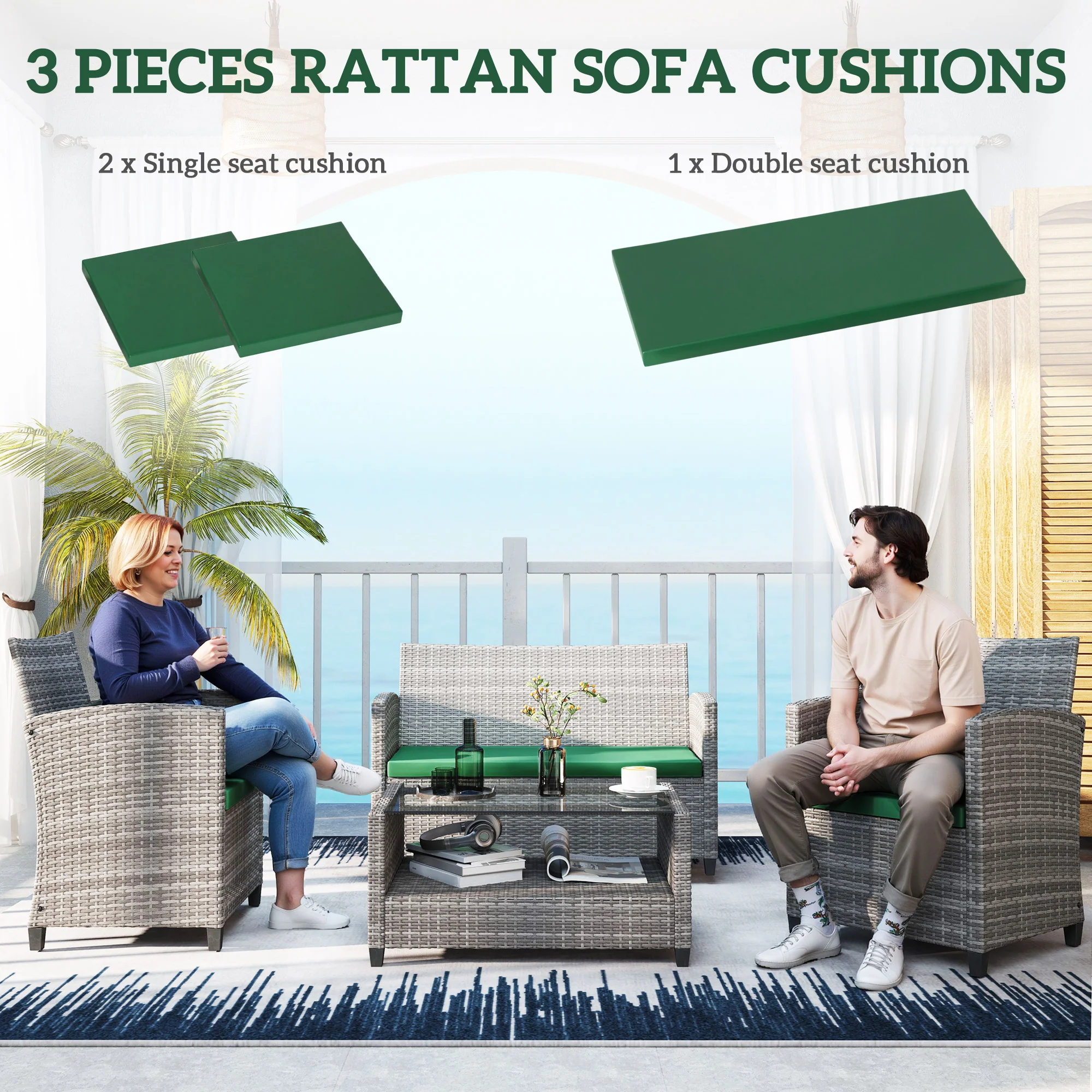 Outsunny 3PCs Rattan Garden Seat Cushions Pads for Patio Furniture Green - Image 21