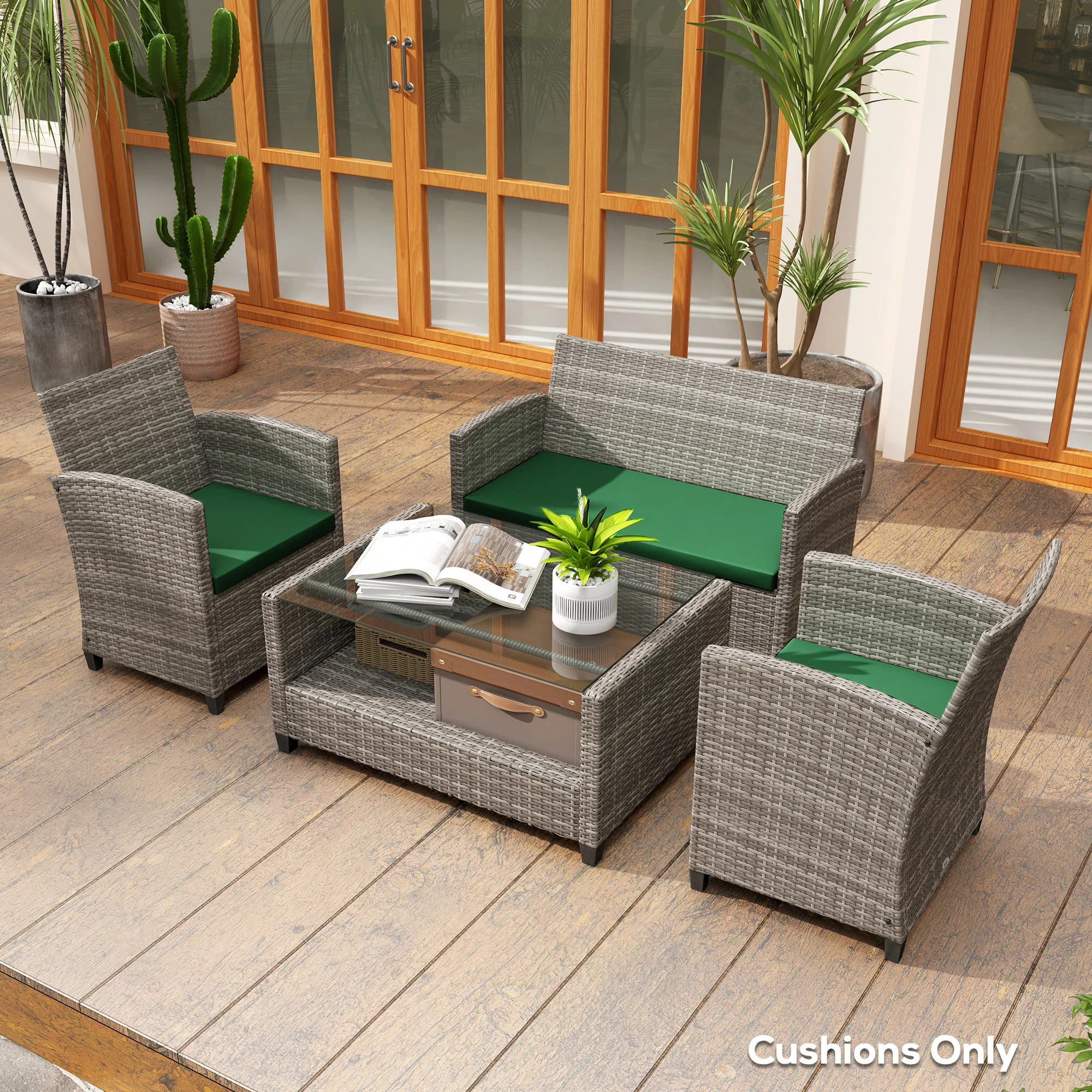 Outsunny 3PCs Rattan Garden Seat Cushions Pads for Patio Furniture Green - Image 27