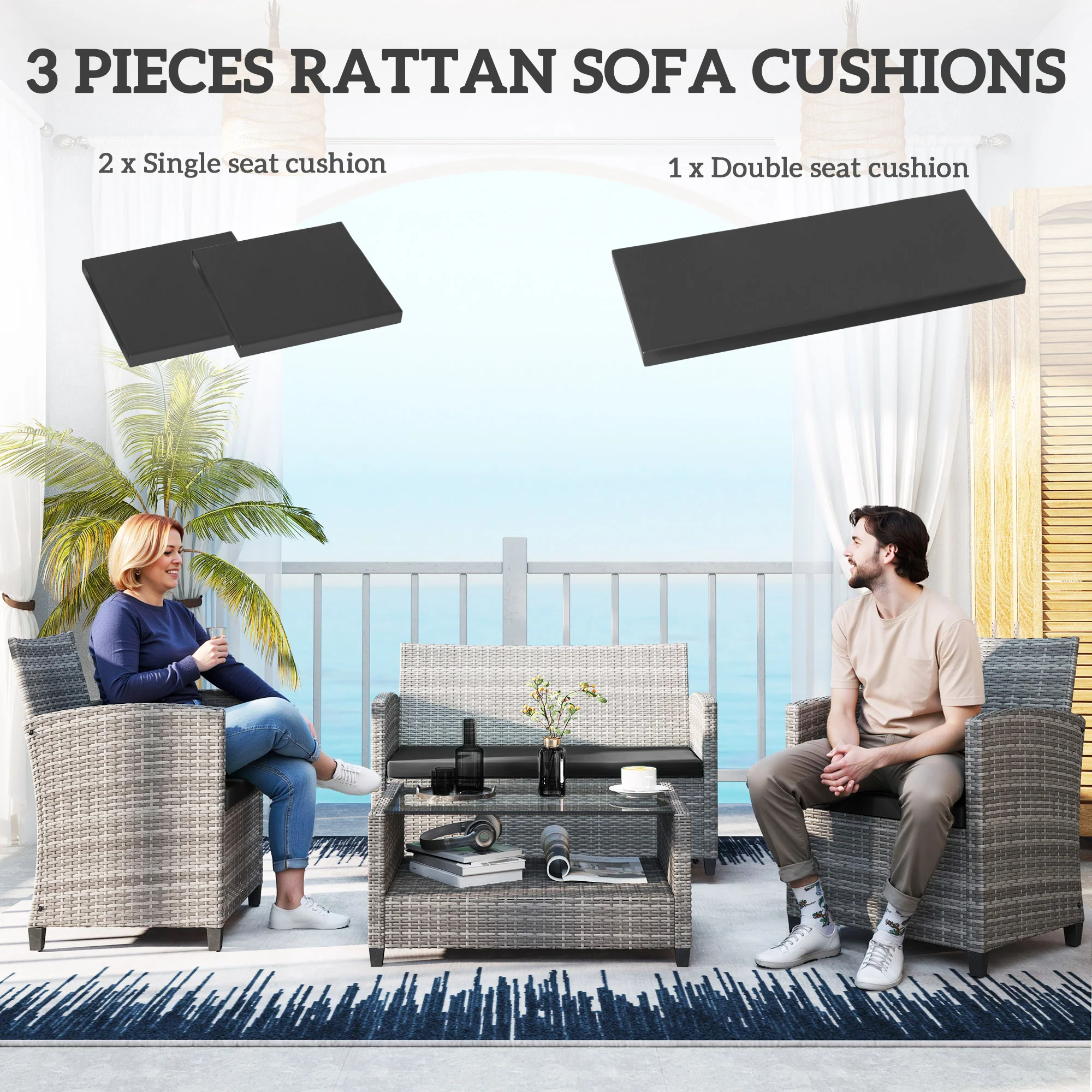 Outsunny 3PCs Rattan Garden Seat Cushions Pads for Patio Furniture Green - Image 3