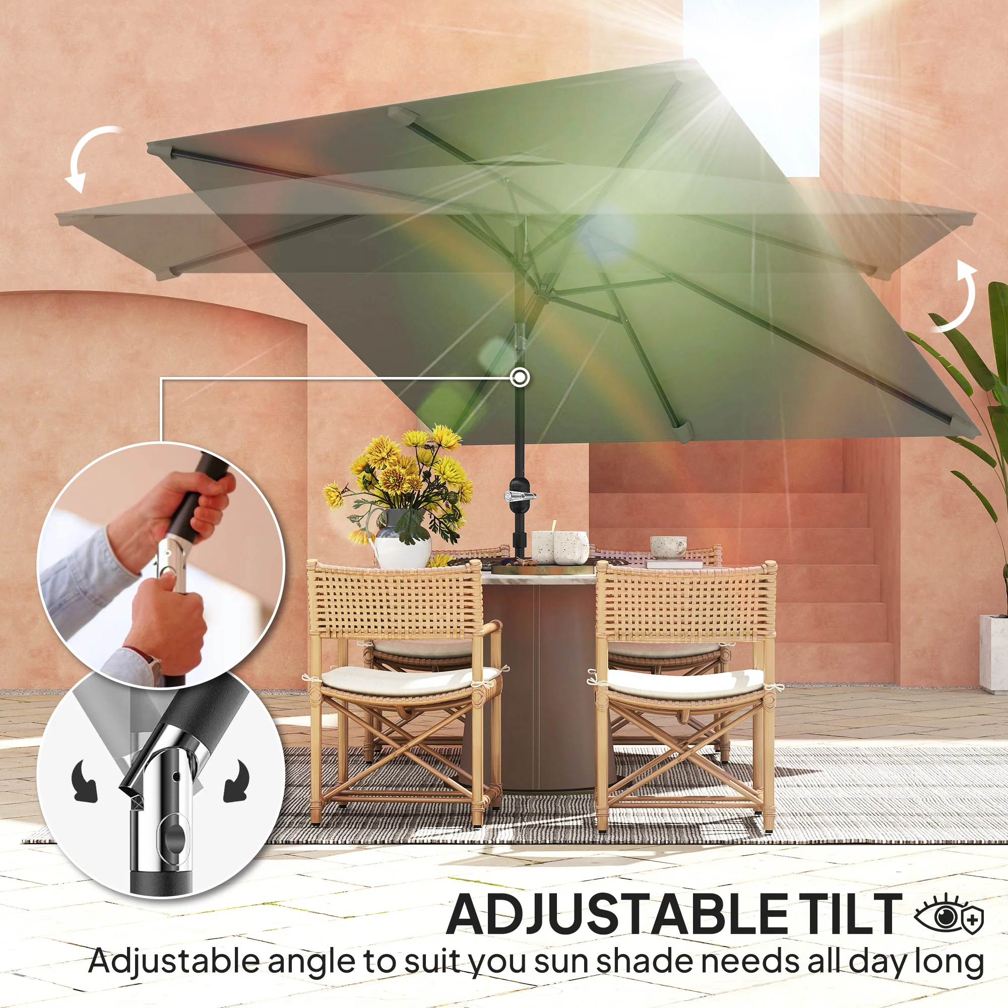 Outsunny 3x2m Garden Parasol Canopy Tilt Crank 6 Ribs Sun Shade - Image 3