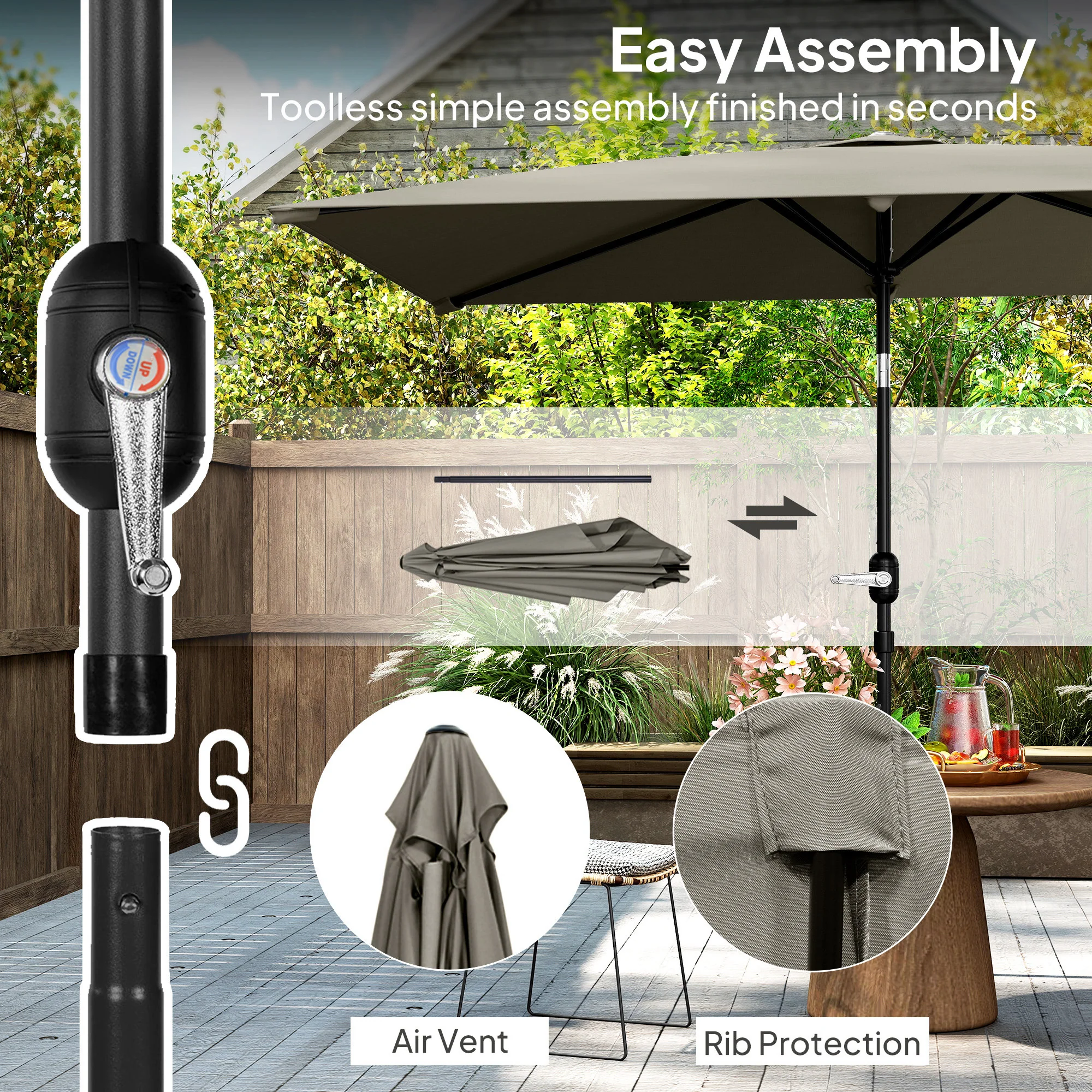 Outsunny 3x2m Garden Parasol Canopy Tilt Crank 6 Ribs Sun Shade - Image 6