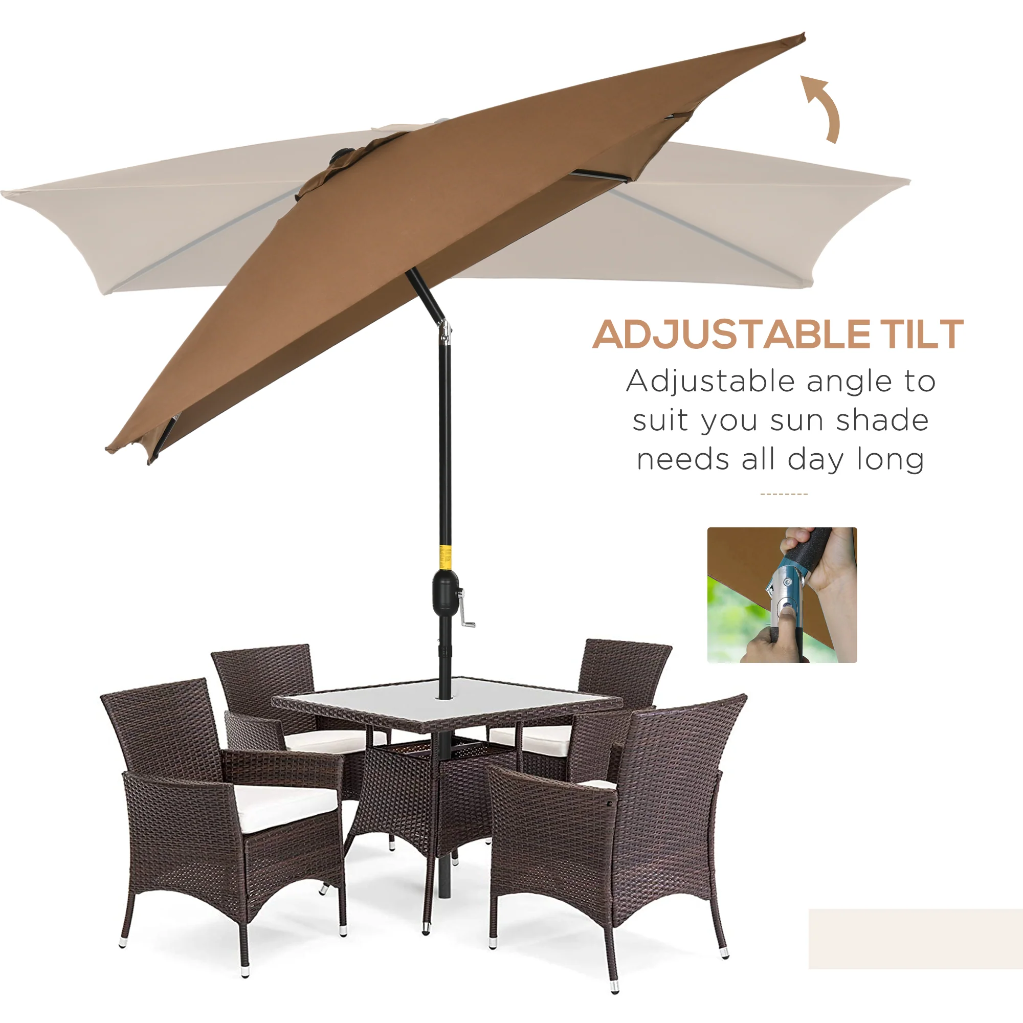 Outsunny 3x2m Patio Parasol Canopy Tilt Crank 6 Ribs Sun Shade Garden Brown - Image 3