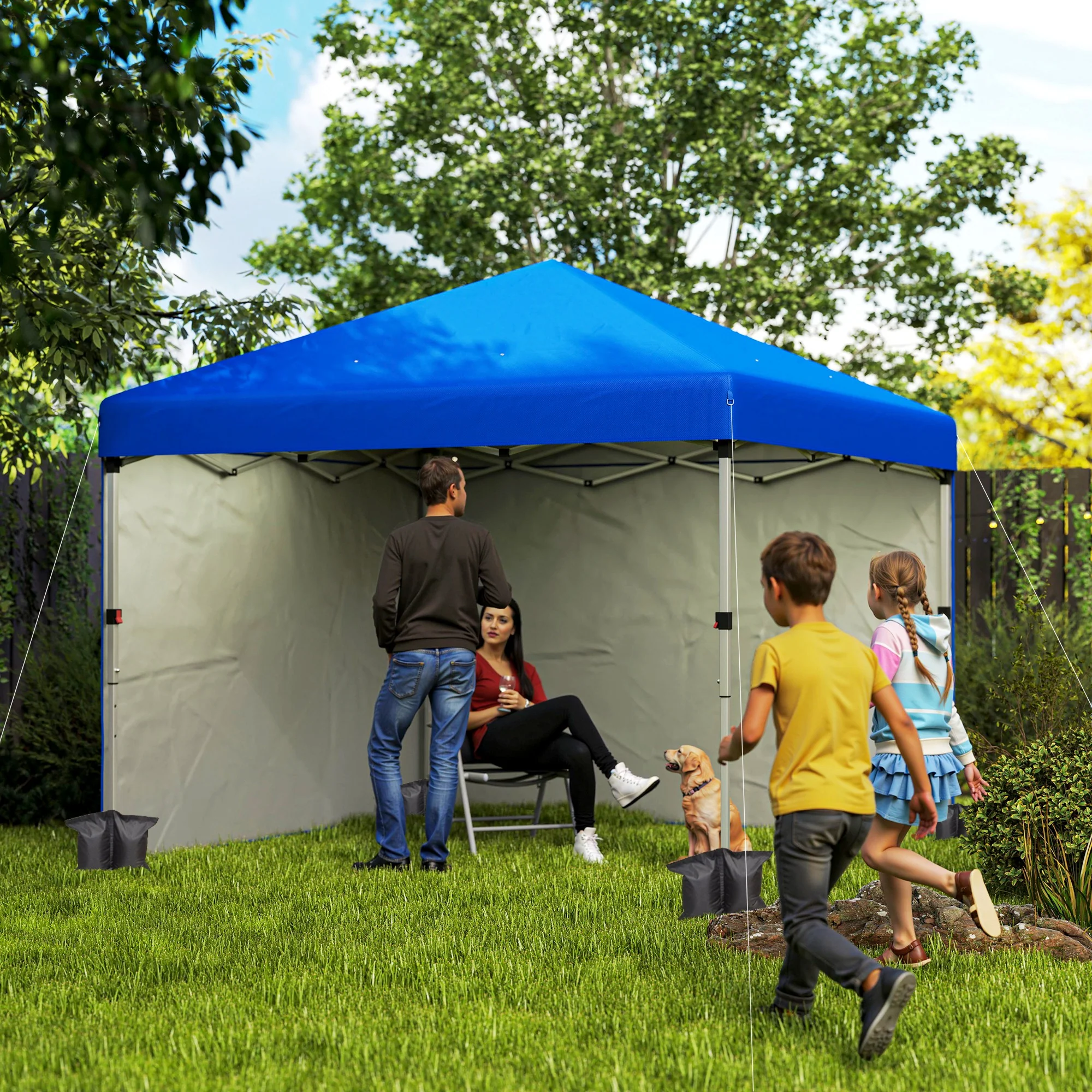 Outsunny 3x3 (M) Pop Up Gazebo Party Tent w/ 2 Sidewalls, Weight Bags Blue - Image 2