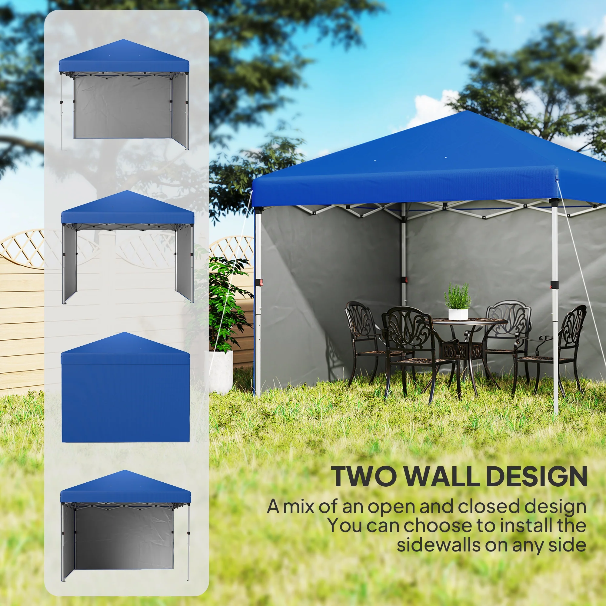Outsunny 3x3 (M) Pop Up Gazebo Party Tent w/ 2 Sidewalls, Weight Bags Blue - Image 3