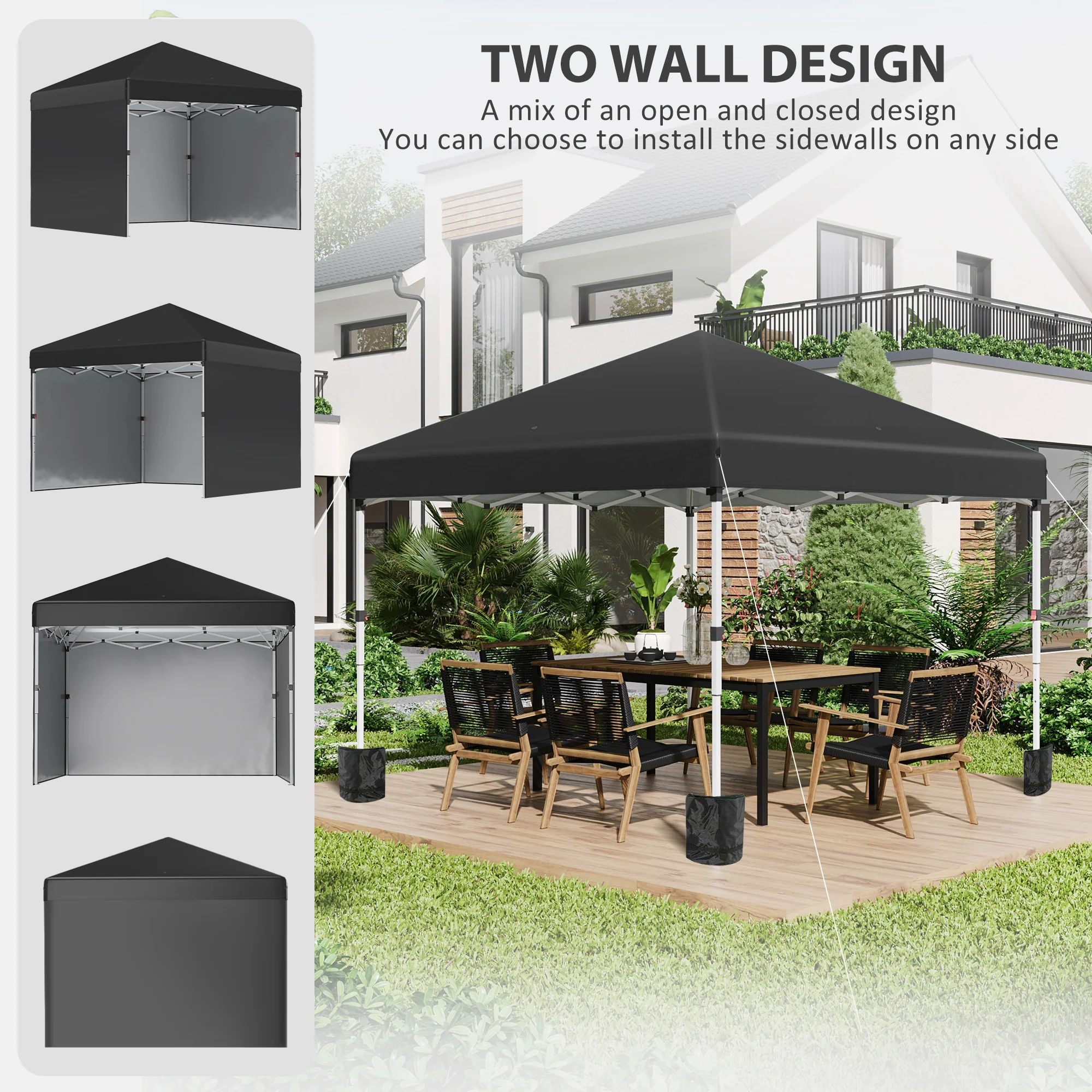 Outsunny 3x3 (M) Pop Up Gazebo Party Tent W/ 3 Sidewalls, Weight Bags, Black - Image 3