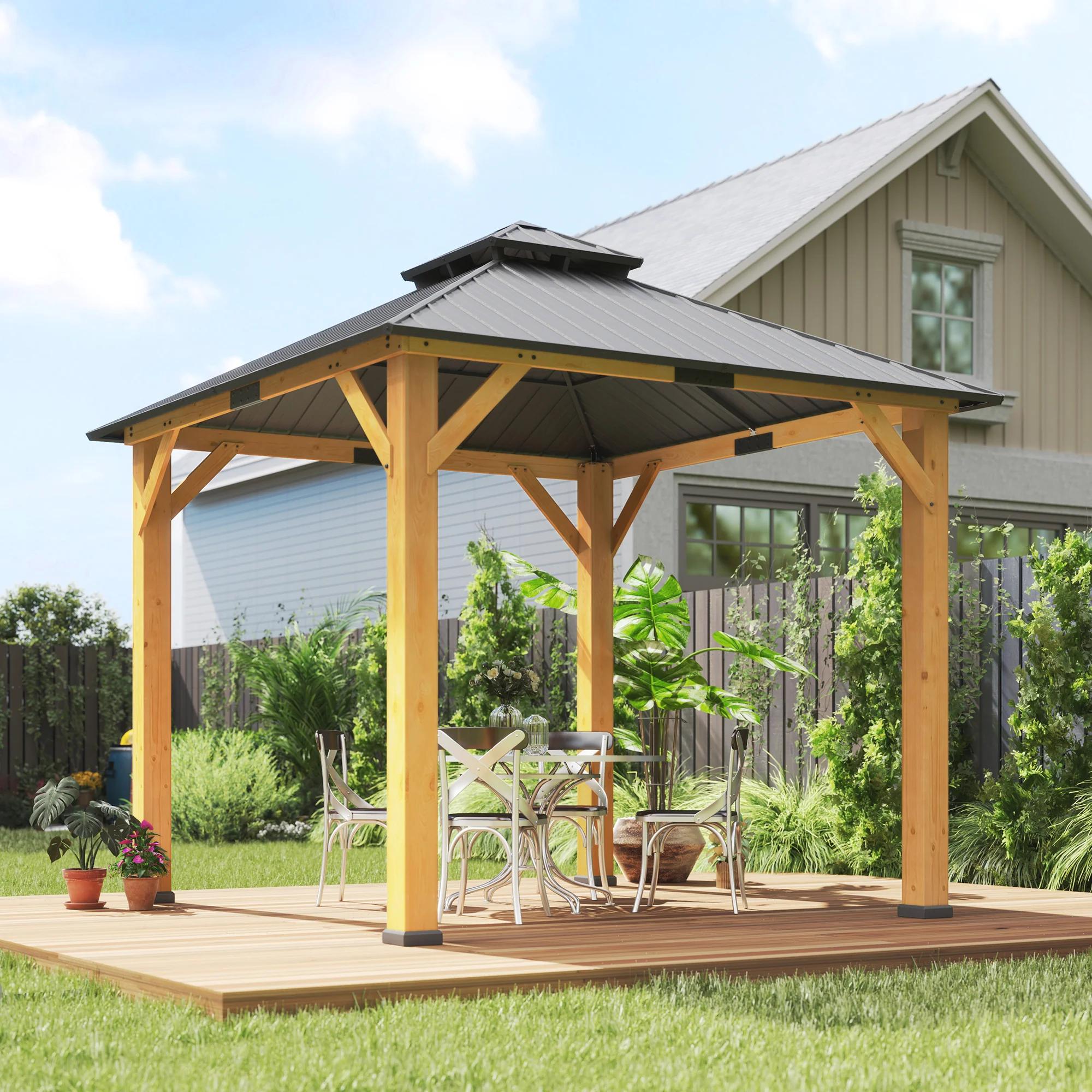 Outsunny 3x(3)M Double-Tier Hardtop Gazebo, Outdoor Patio Shelter, Grey - Image 2