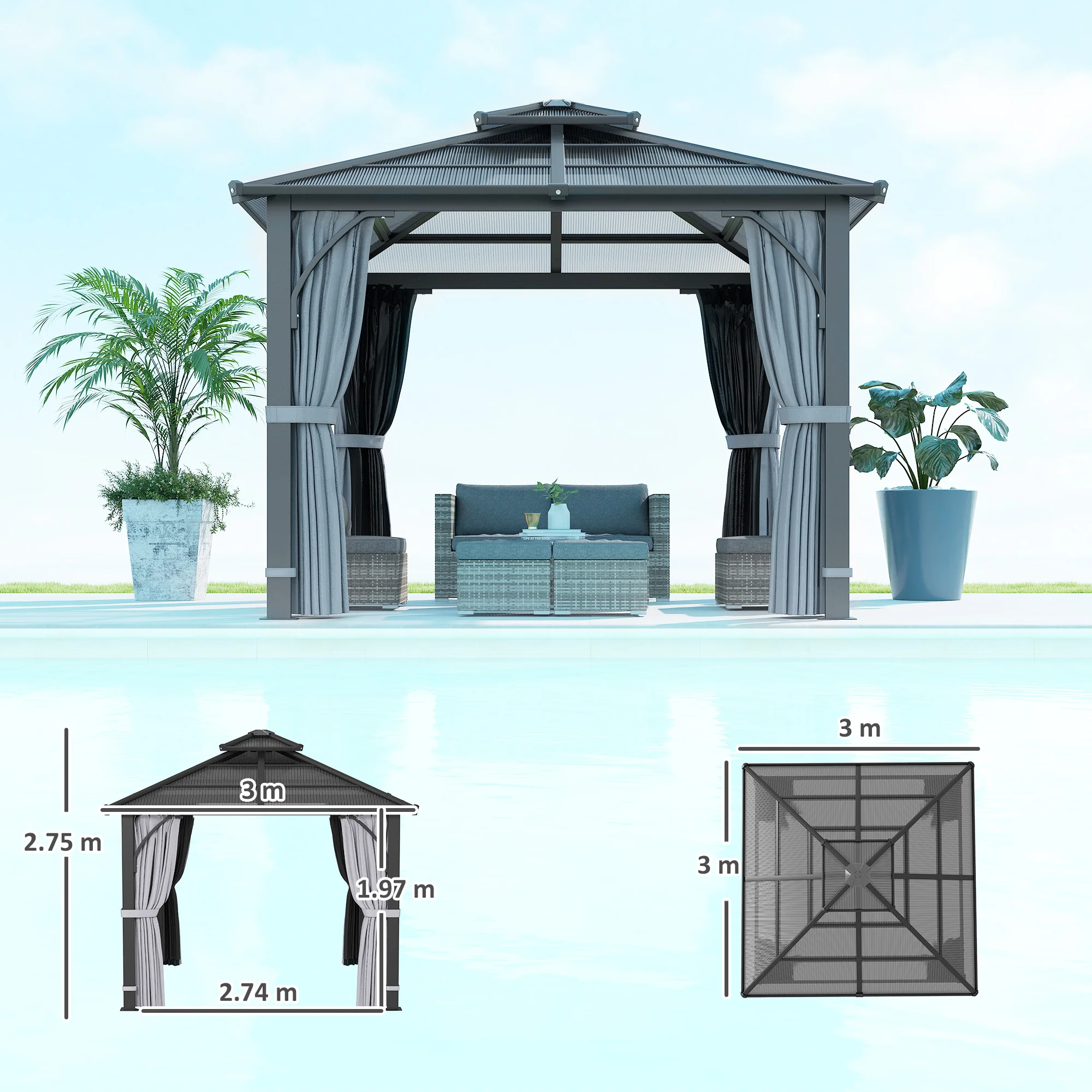 Outsunny 3x3(m) Hardtop Gazebo With Polycarbonate Roof & Sides, Grey - Image 14