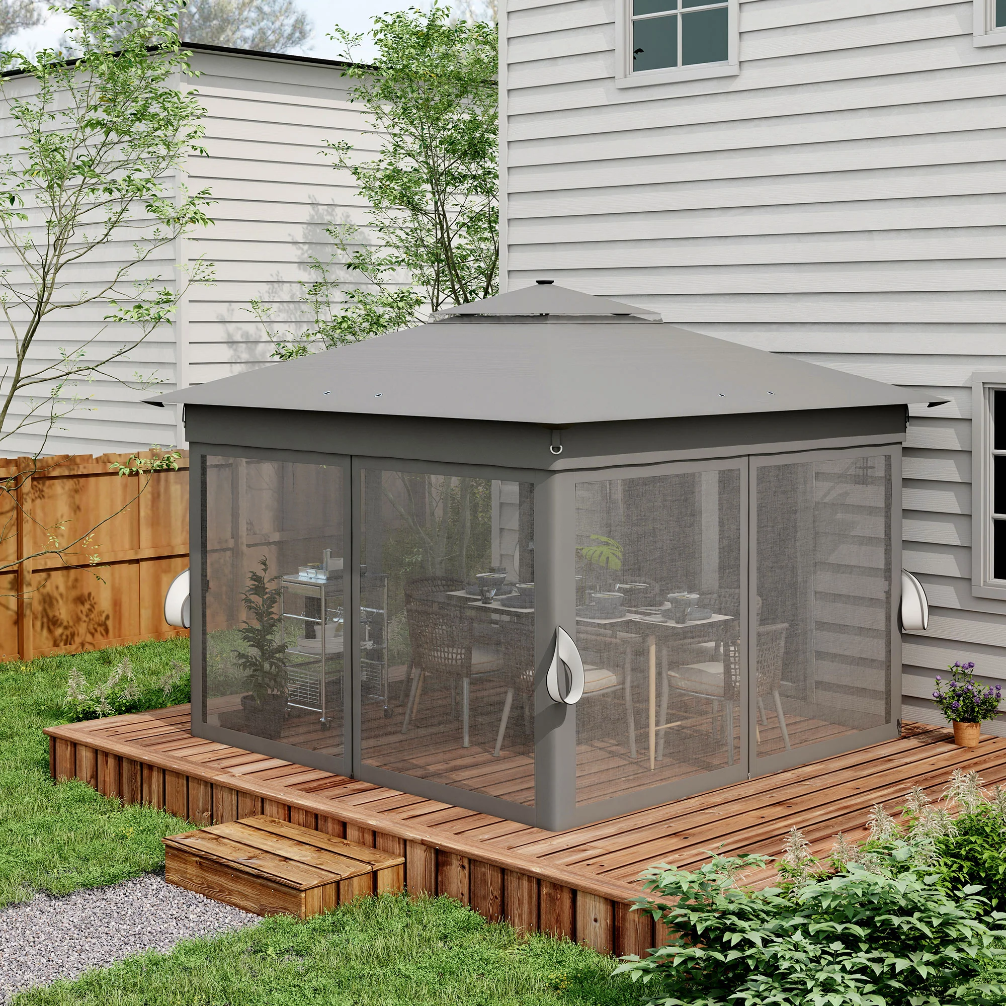 Outsunny 3x3(m) Pop Up Gazebo w/ Solar-Powered LED Lights Curtain Netting Grey - Image 8