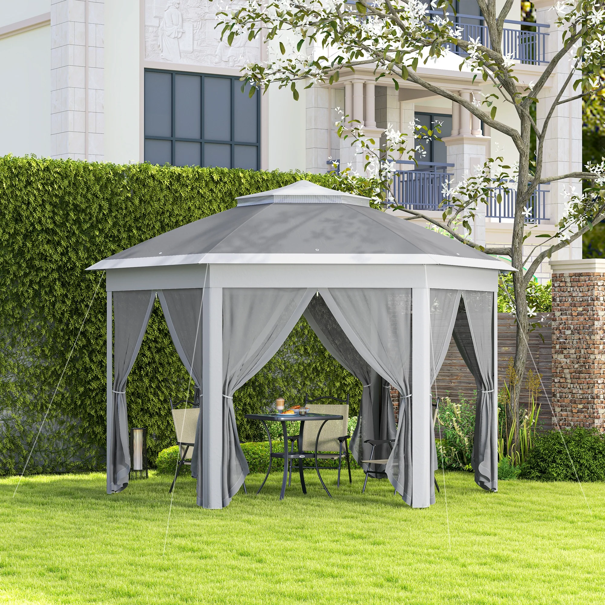 Outsunny 3x4m Hexagon Gazebo W/ Mesh Curtains Outdoor Garden, Dark Grey - Image 2