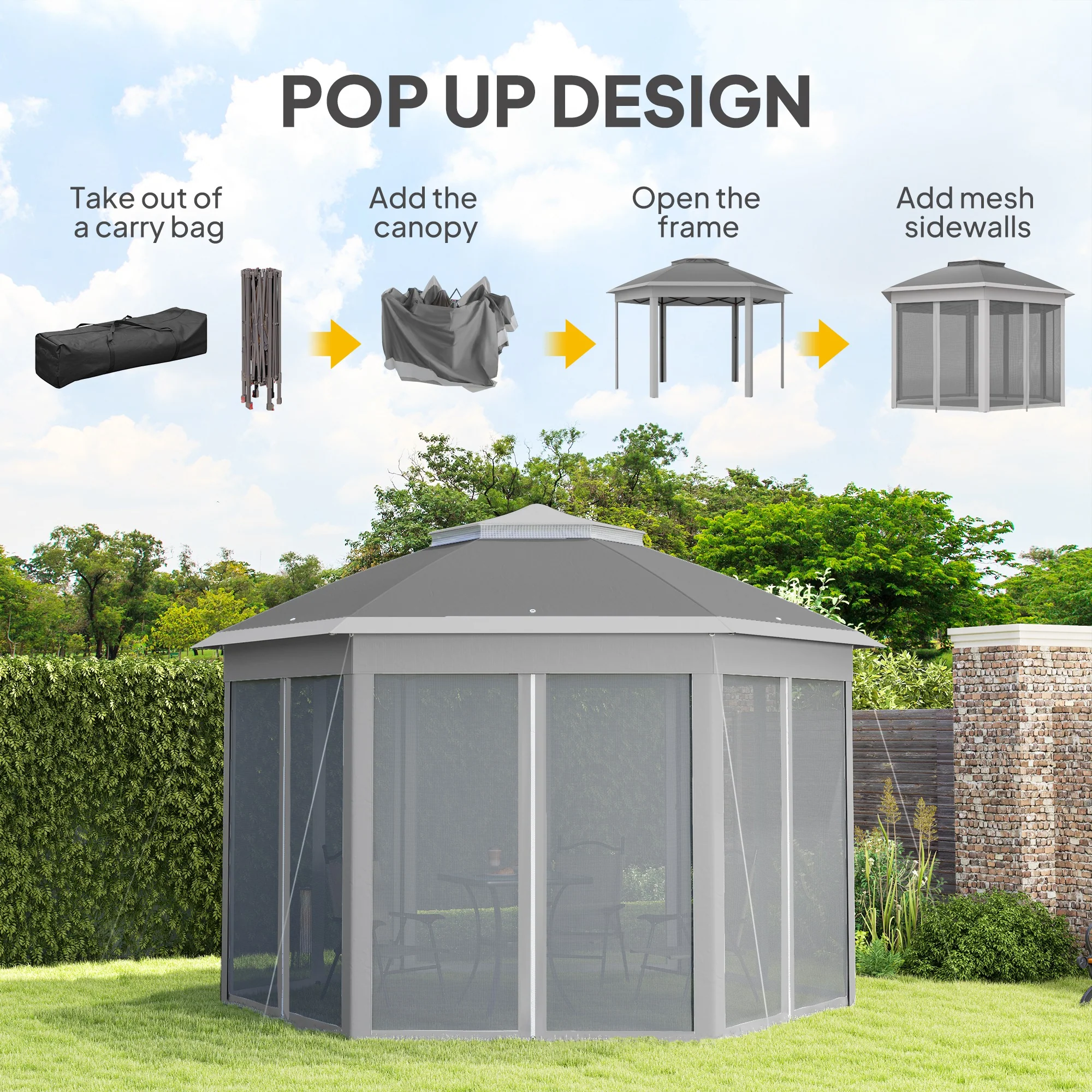 Outsunny 3x4m Hexagon Gazebo W/ Mesh Curtains Outdoor Garden, Dark Grey - Image 3