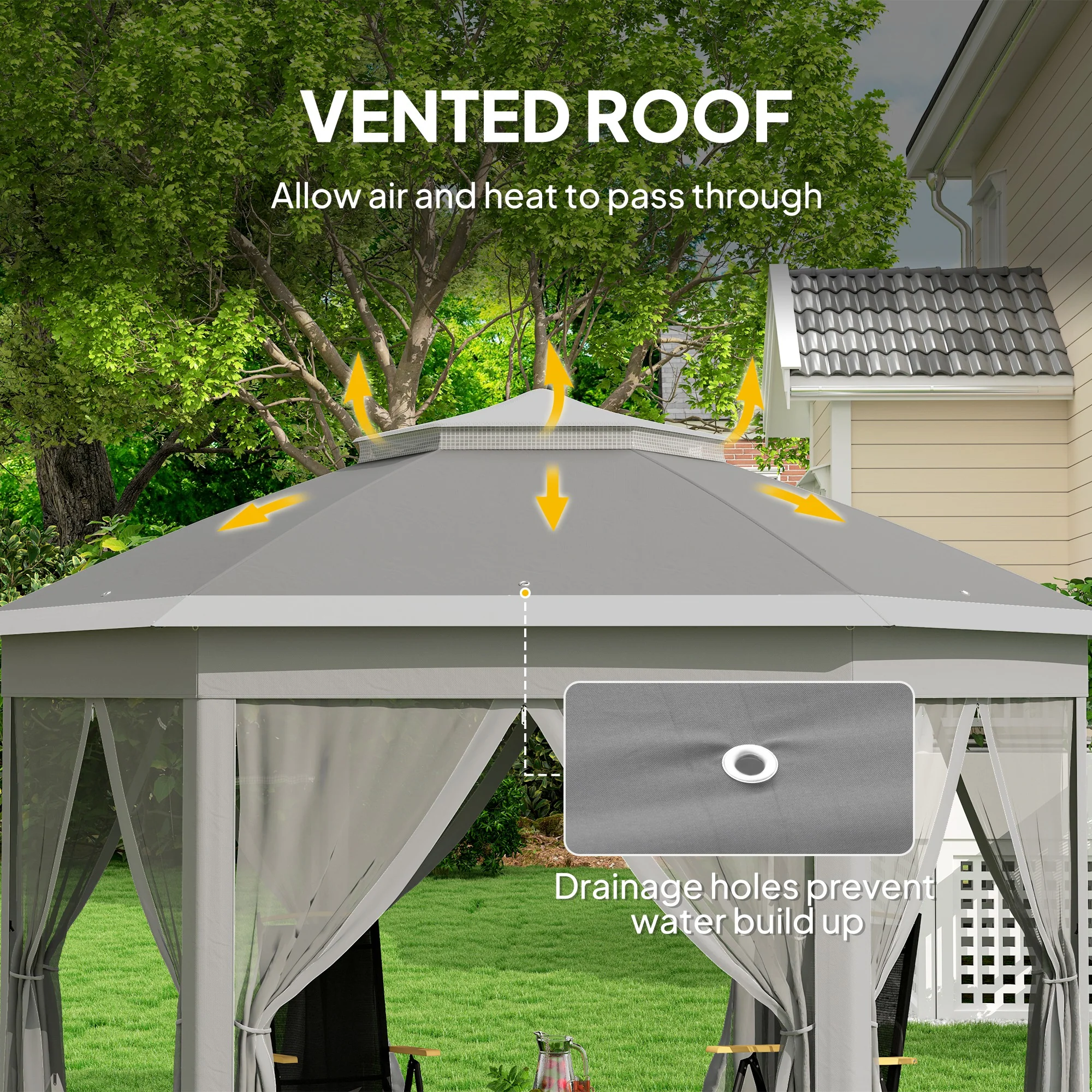 Outsunny 3x4m Hexagon Gazebo W/ Mesh Curtains Outdoor Garden, Dark Grey - Image 4