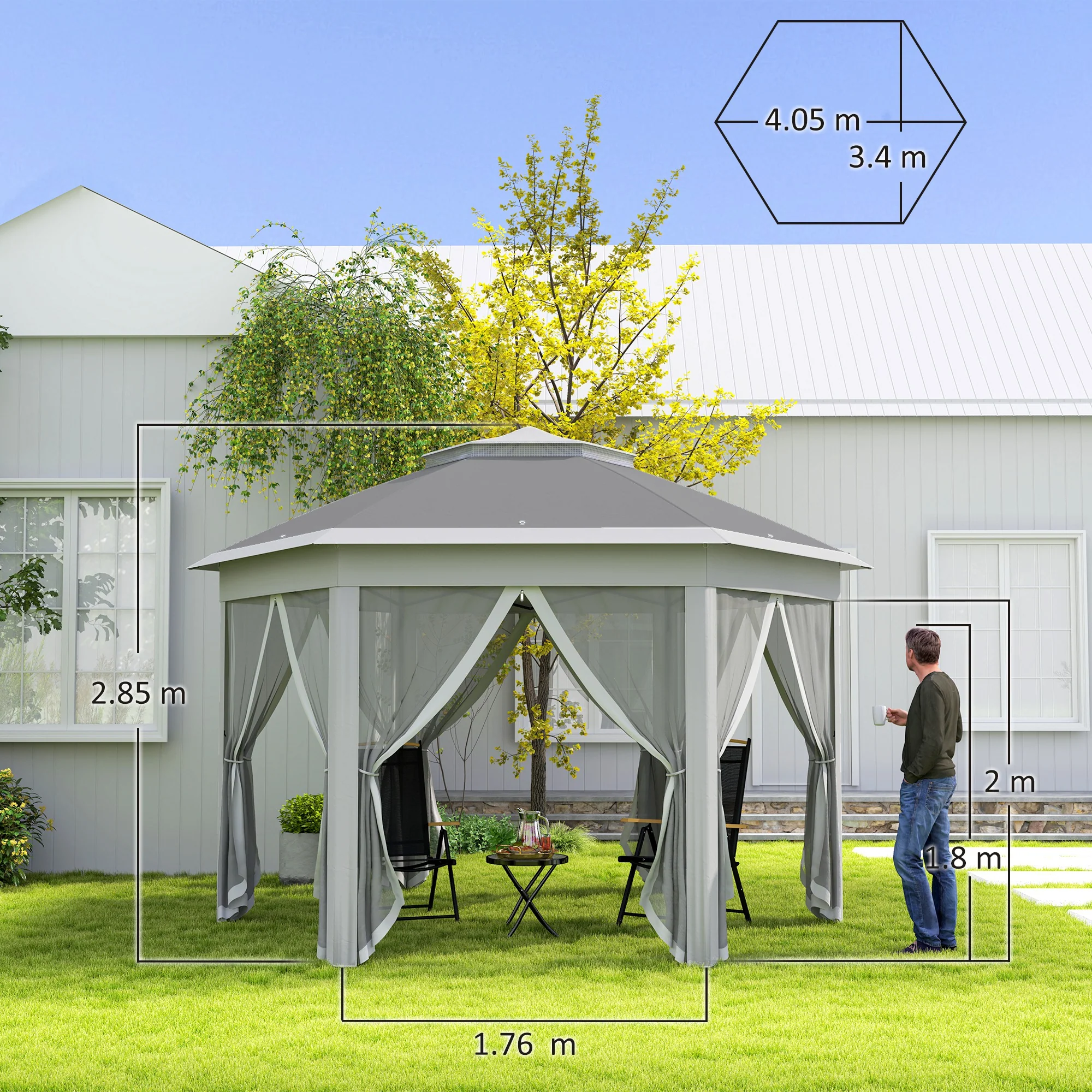 Outsunny 3x4m Hexagon Gazebo W/ Mesh Curtains Outdoor Garden, Dark Grey - Image 5