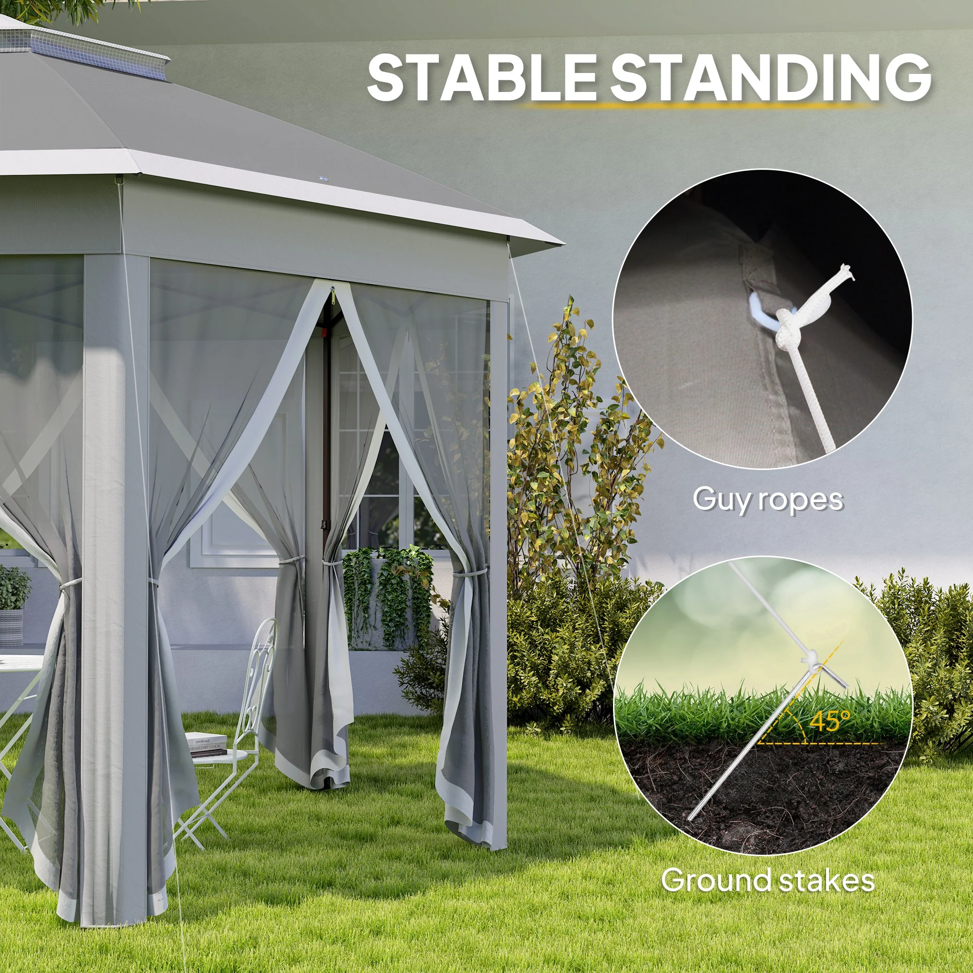 Outsunny 3x4m Hexagon Gazebo W/ Mesh Curtains Outdoor Garden, Dark Grey - Image 6
