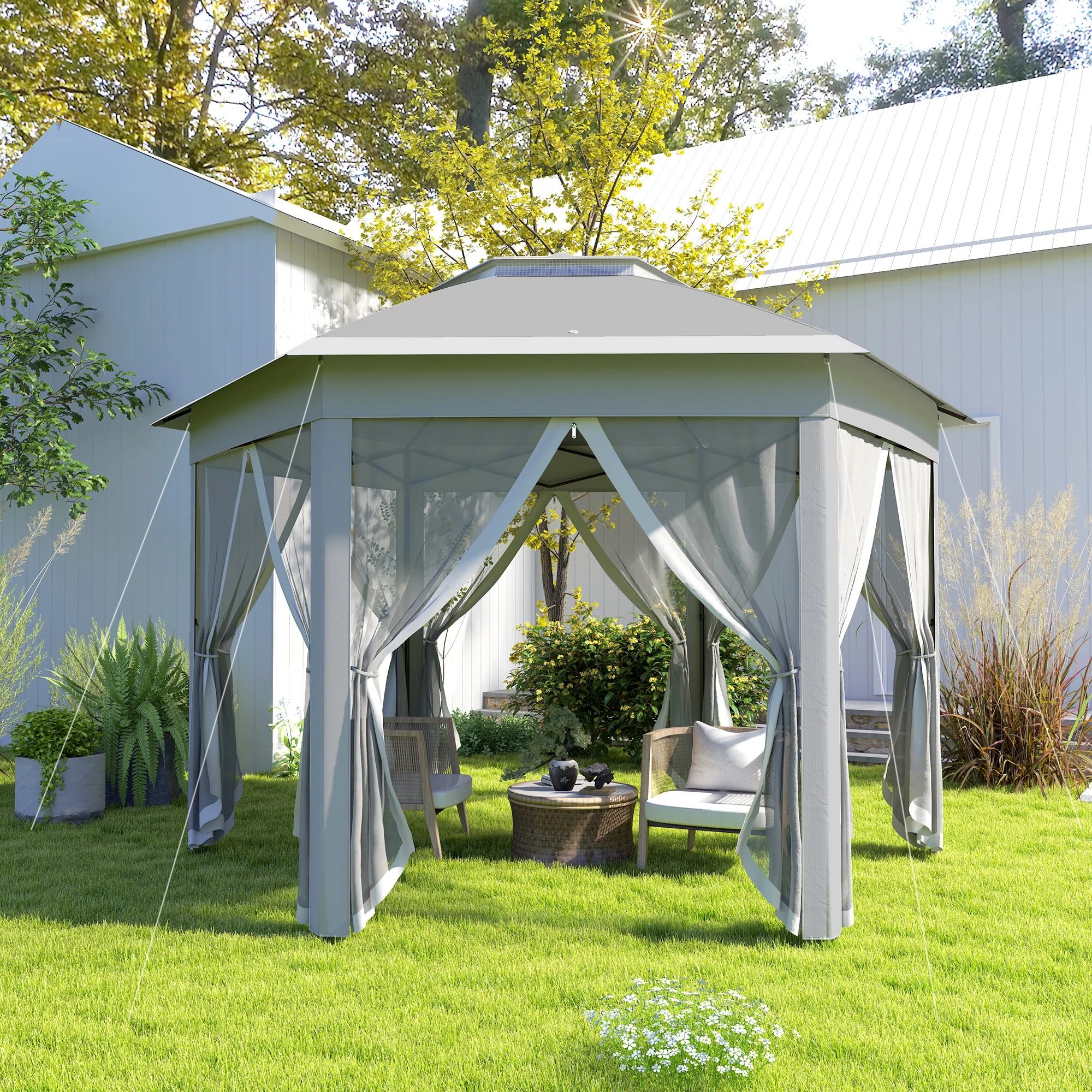 Outsunny 3x4m Hexagon Gazebo W/ Mesh Curtains Outdoor Garden, Dark Grey - Image 7