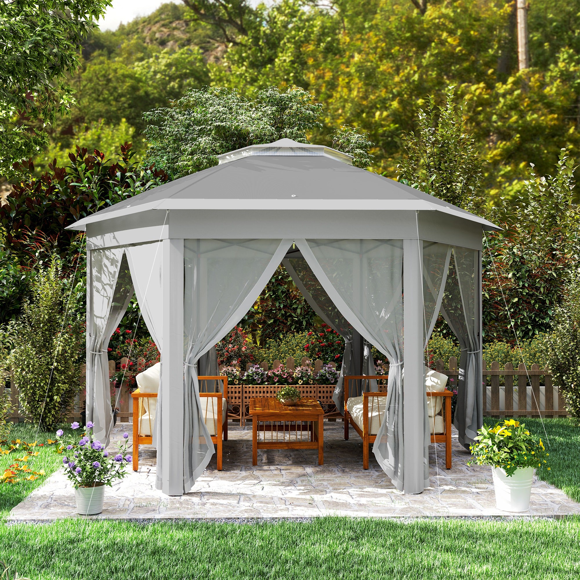 Outsunny 3x4m Hexagon Gazebo W/ Mesh Curtains Outdoor Garden, Dark Grey - Image 8