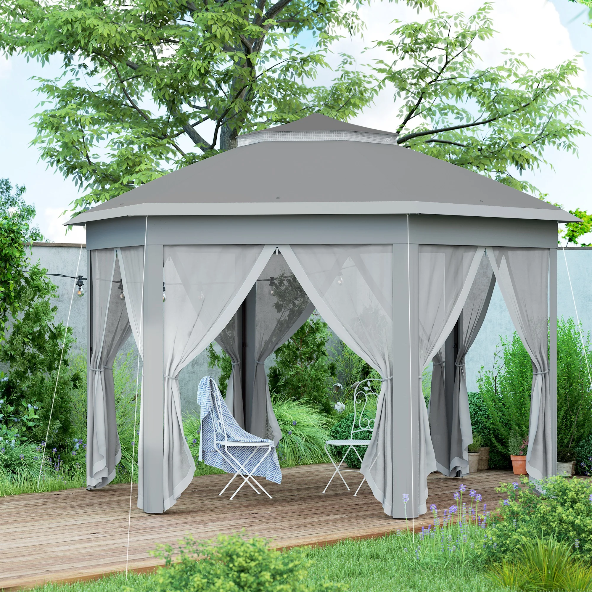 Outsunny 3x4m Hexagon Gazebo W/ Mesh Curtains Outdoor Garden, Dark Grey - Image 9