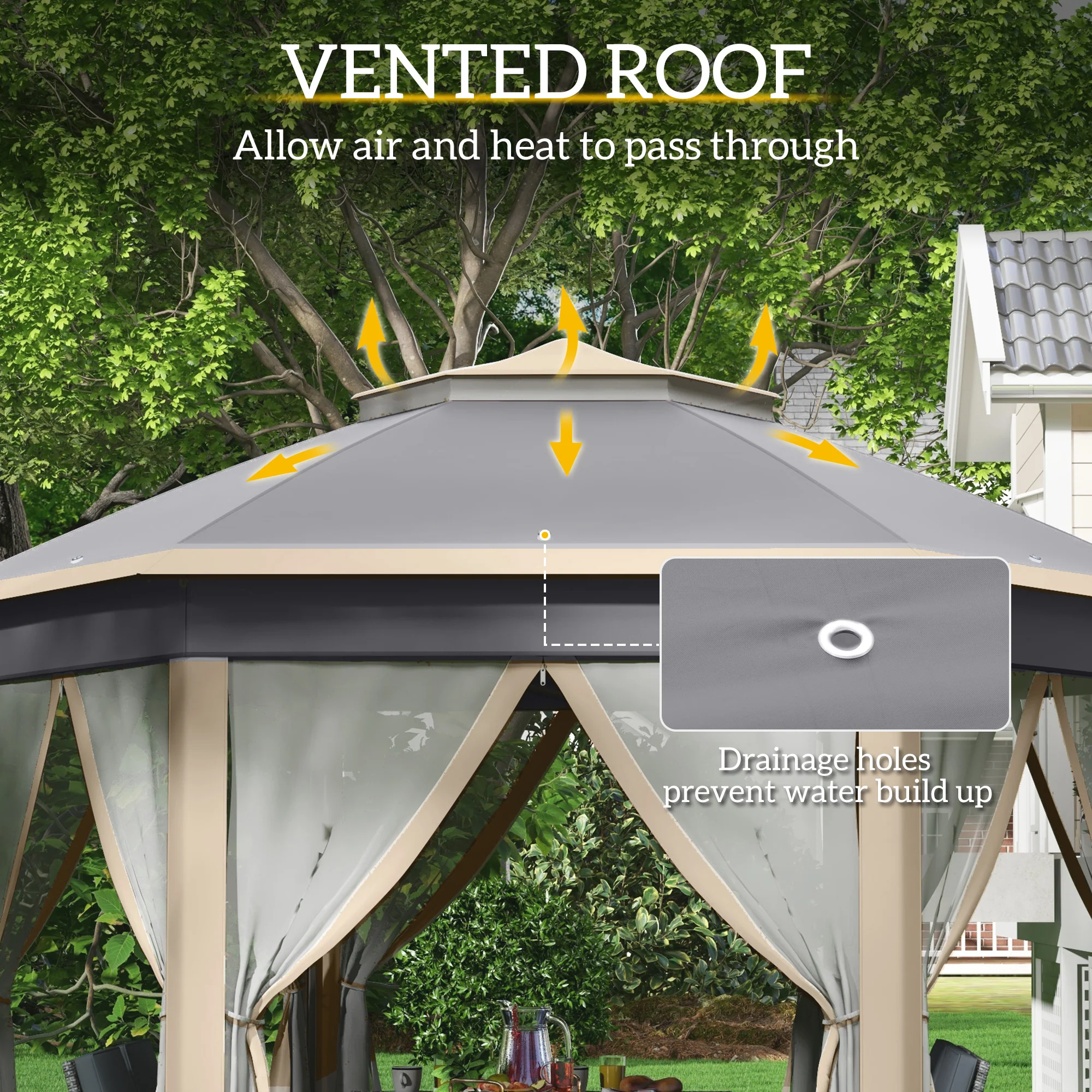 Outsunny 3x4m Hexagon Gazebo w/ Mesh Curtains Outdoor Garden, Khaki - Image 4