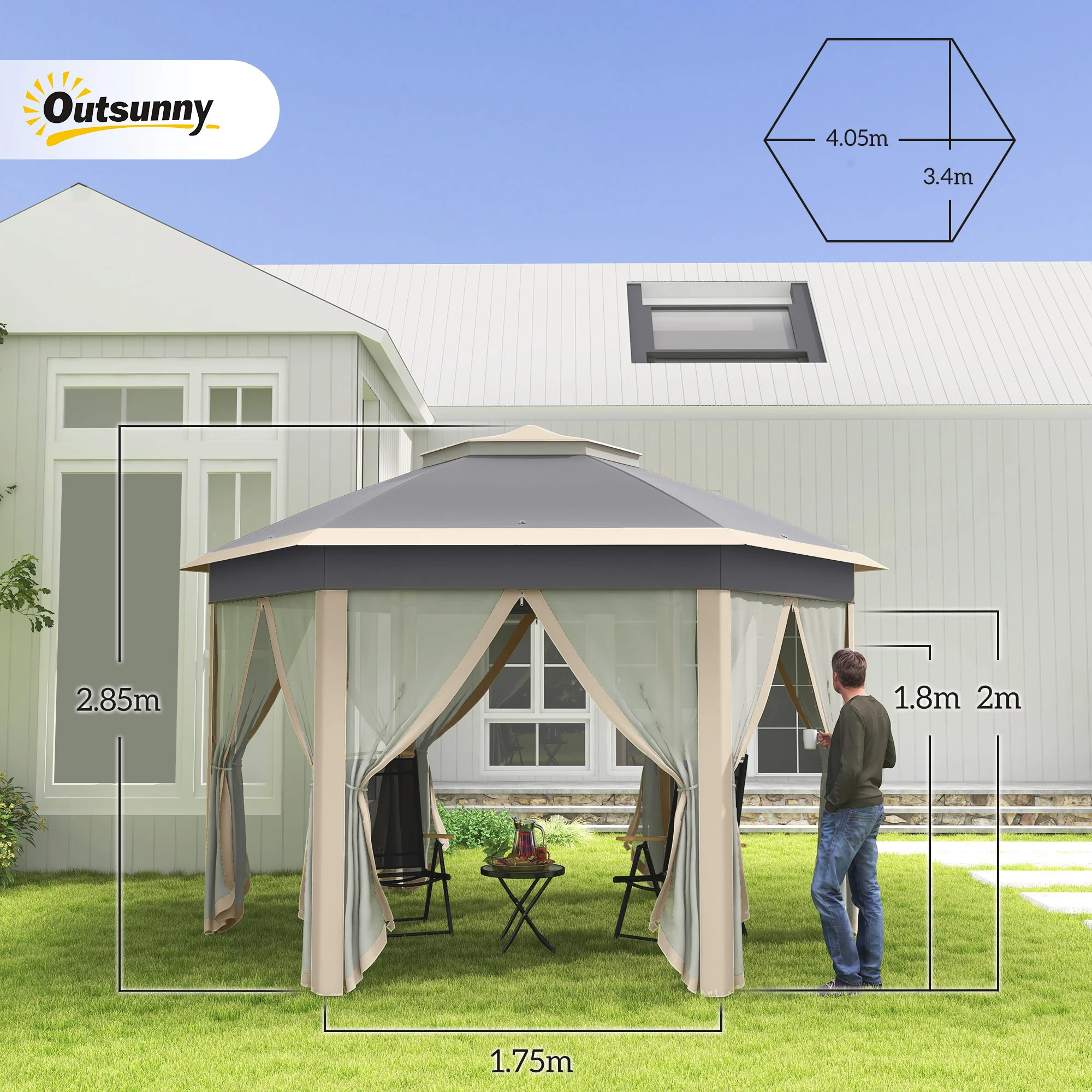 Outsunny 3x4m Hexagon Gazebo w/ Mesh Curtains Outdoor Garden, Khaki - Image 5