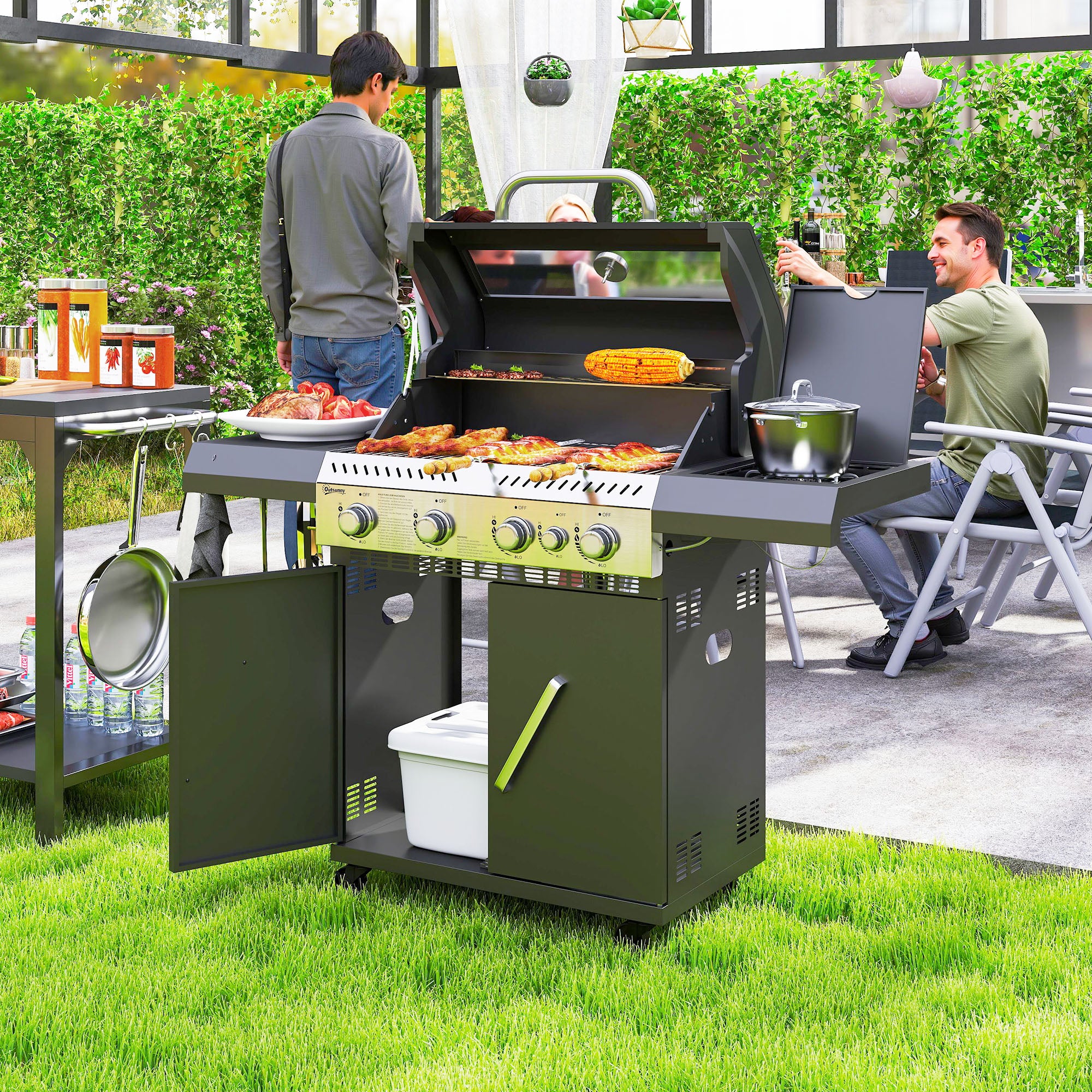 Outsunny 4+1 Burner Gas BBQ Grill with Clear View Lid, Thermometer, Black - Image 2