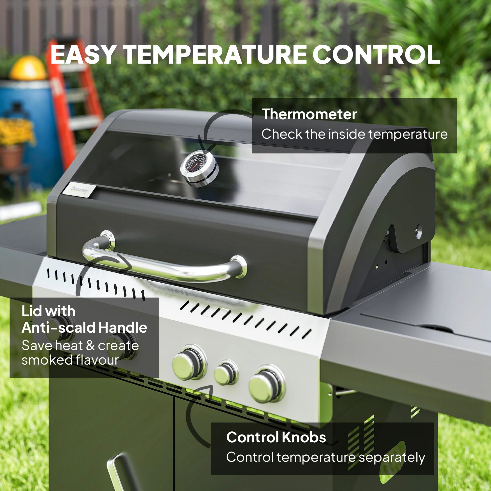 Outsunny 4+1 Burner Gas BBQ Grill with Clear View Lid, Thermometer, Black - Image 6