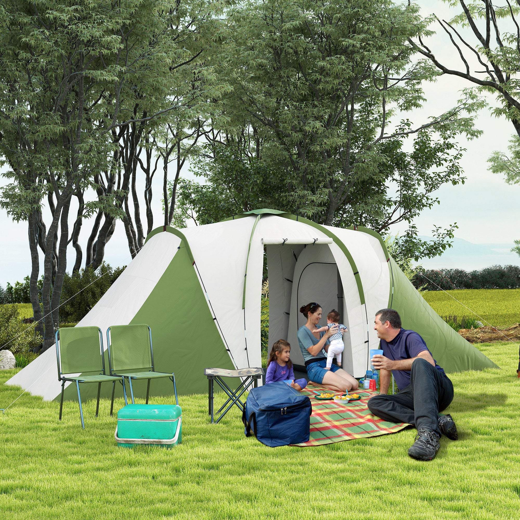 Outsunny 4-6 Man Camping Tent with 2 Bedroom and Living Area, Green, White - Image 2