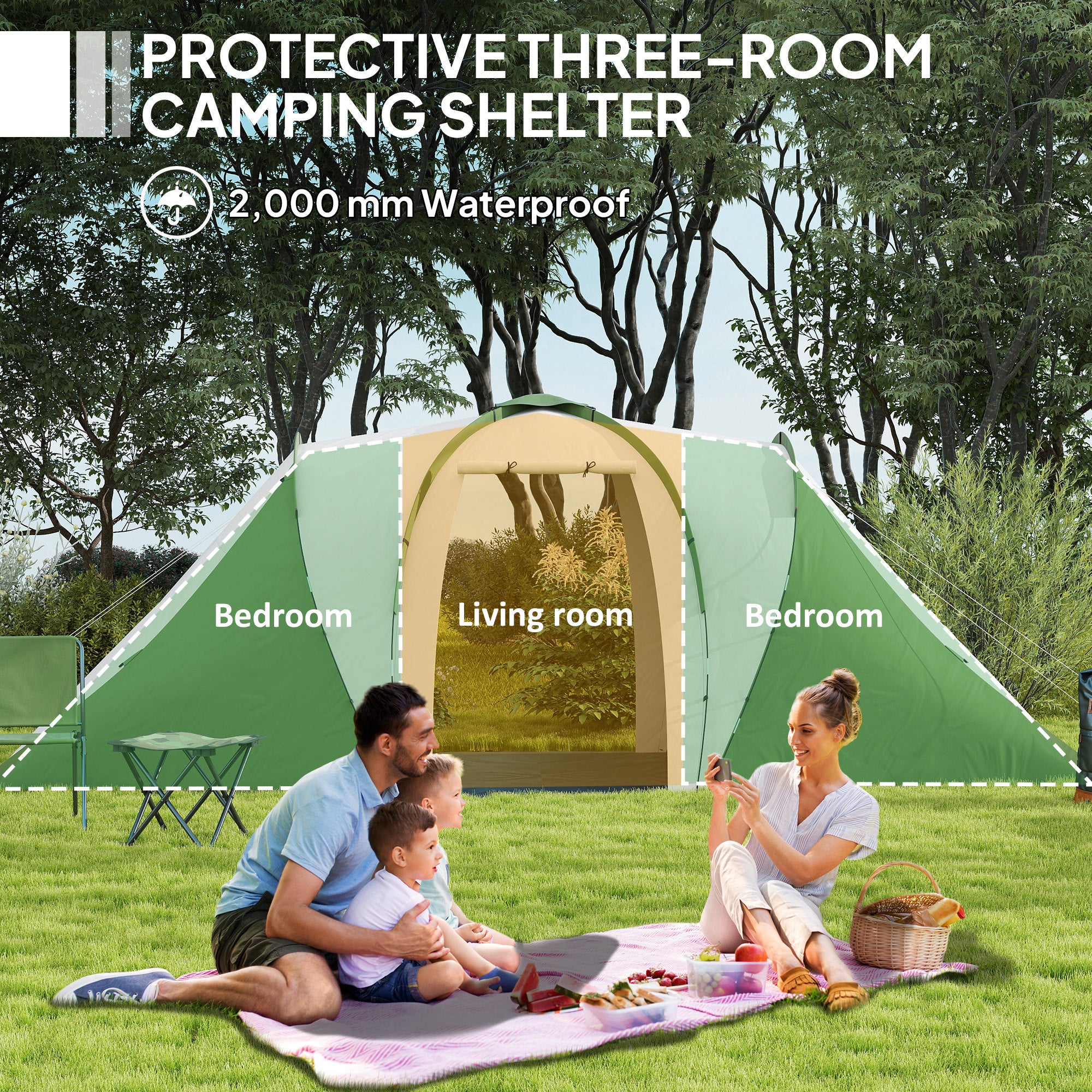 Outsunny 4-6 Man Camping Tent with 2 Bedroom and Living Area, Green, White - Image 3