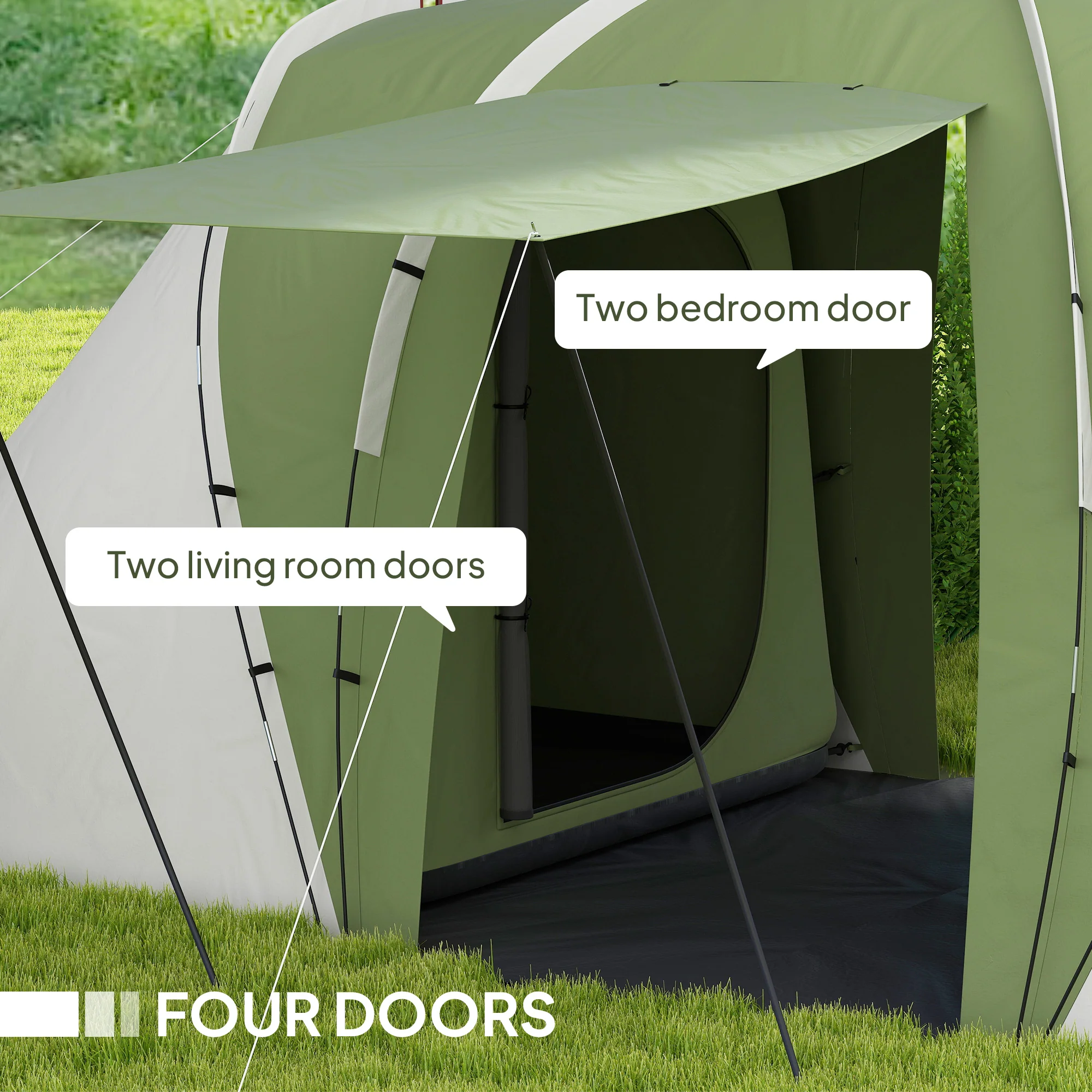 Outsunny 4-6 Man Camping Tent with 2 Bedroom and Living Area, Green, White - Image 4