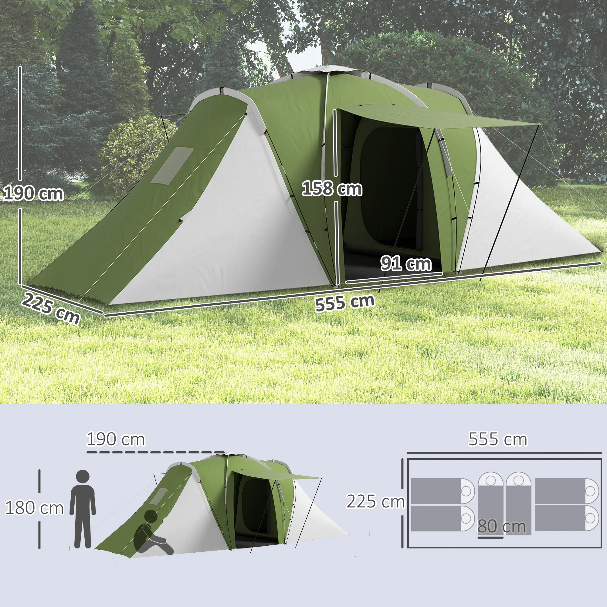 Outsunny 4-6 Man Camping Tent with 2 Bedroom and Living Area, Green, White - Image 5