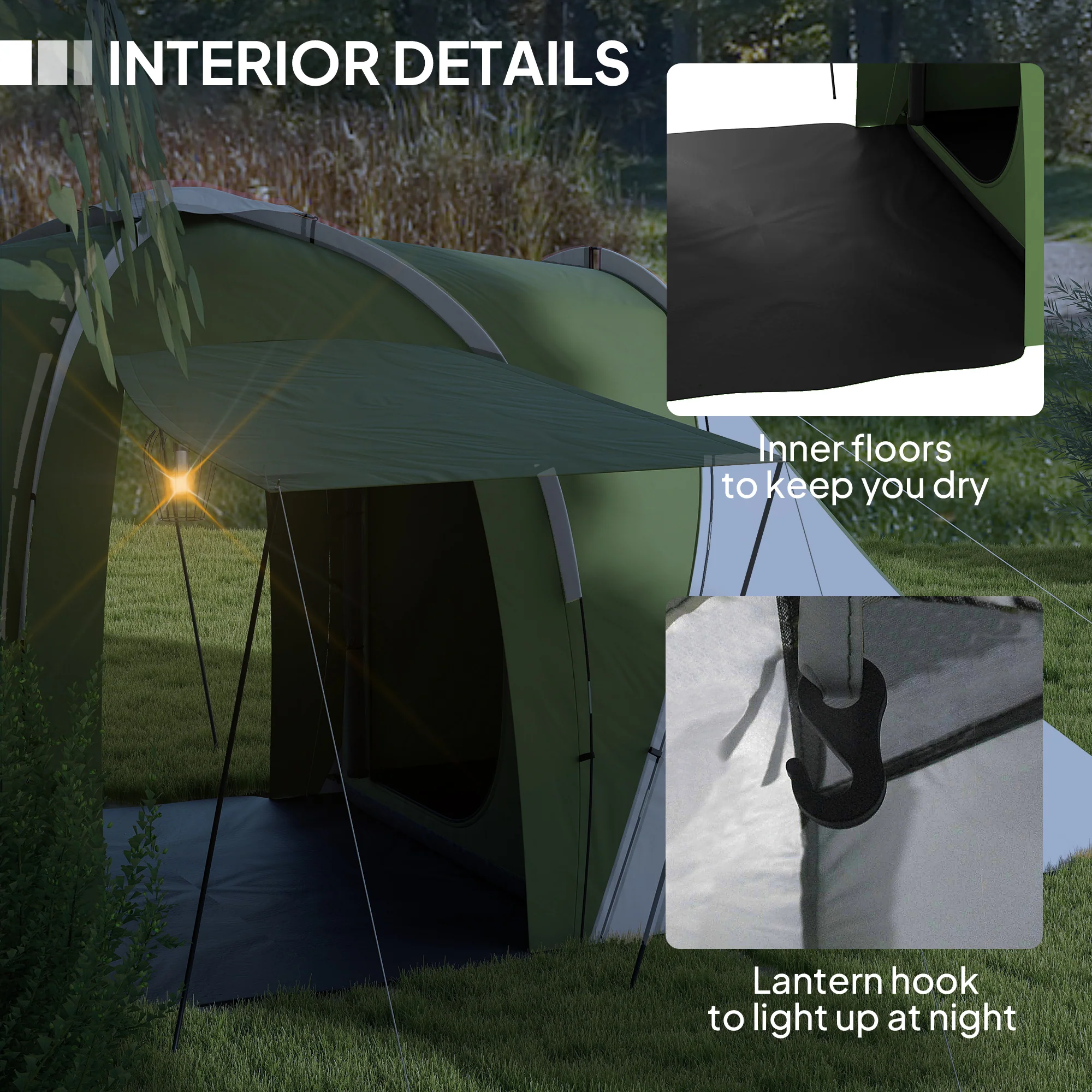 Outsunny 4-6 Man Camping Tent with 2 Bedroom and Living Area, Green, White - Image 6