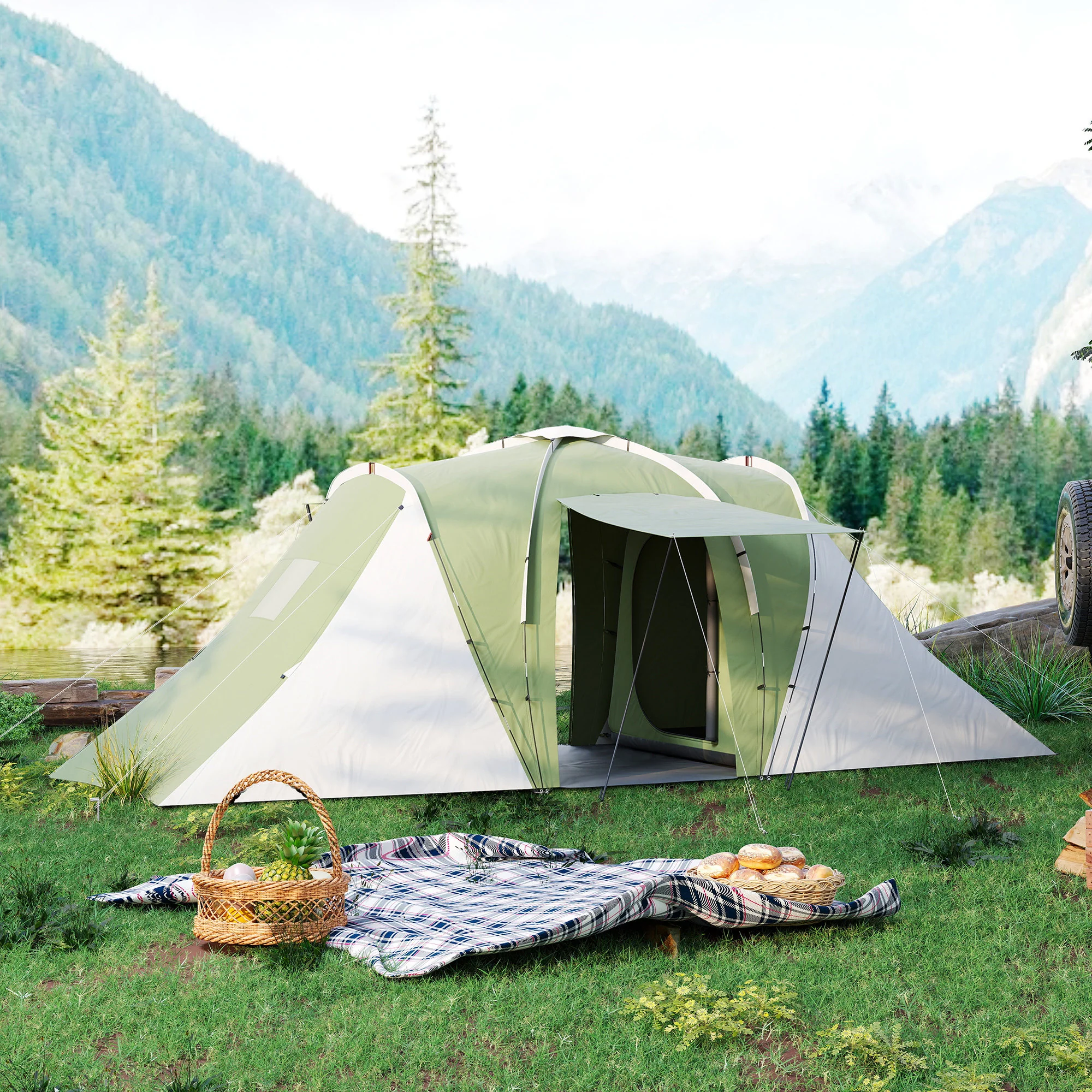 Outsunny 4-6 Man Camping Tent with 2 Bedroom and Living Area, Green, White - Image 8