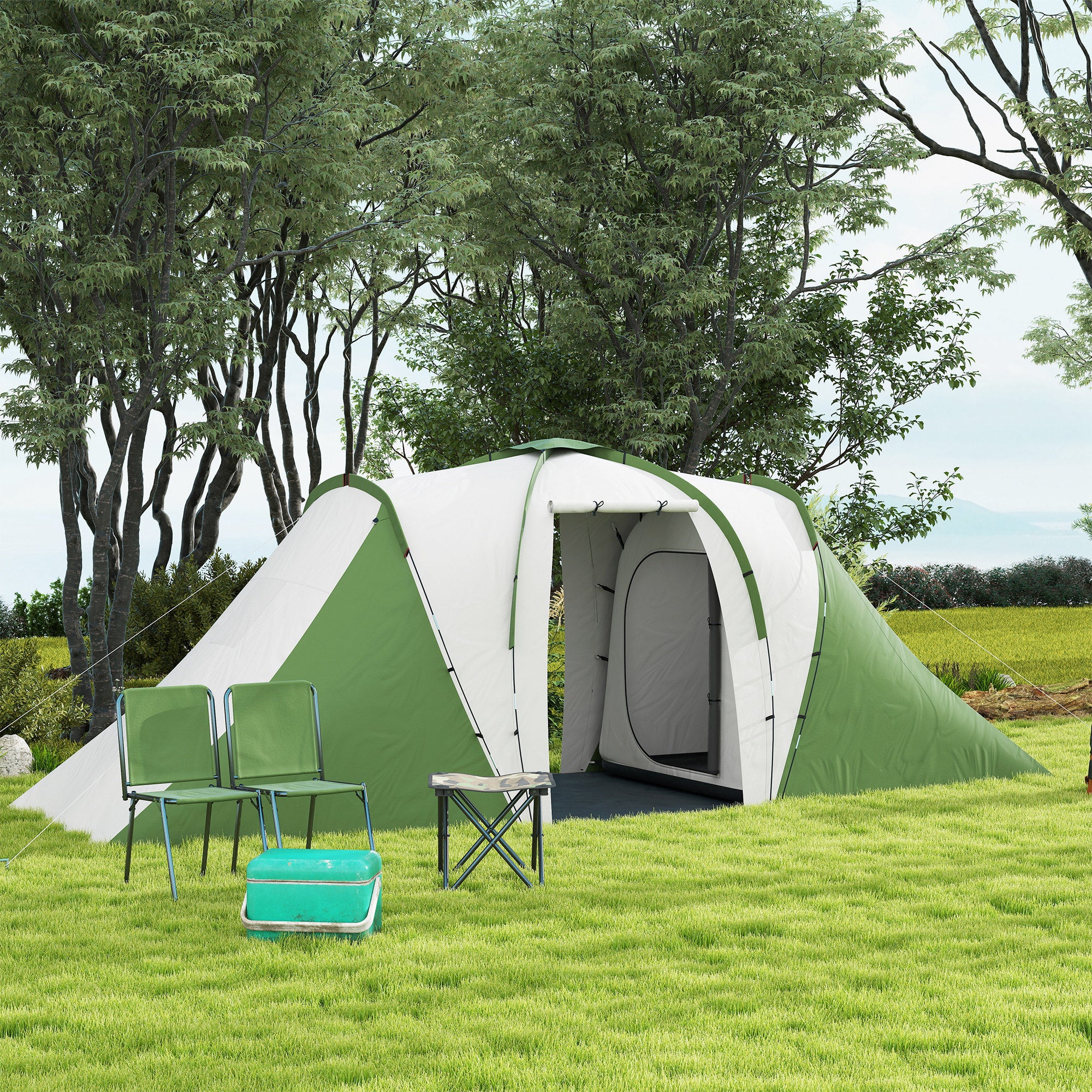 Outsunny 4-6 Man Camping Tent with 2 Bedroom and Living Area, Green, White - Image 9