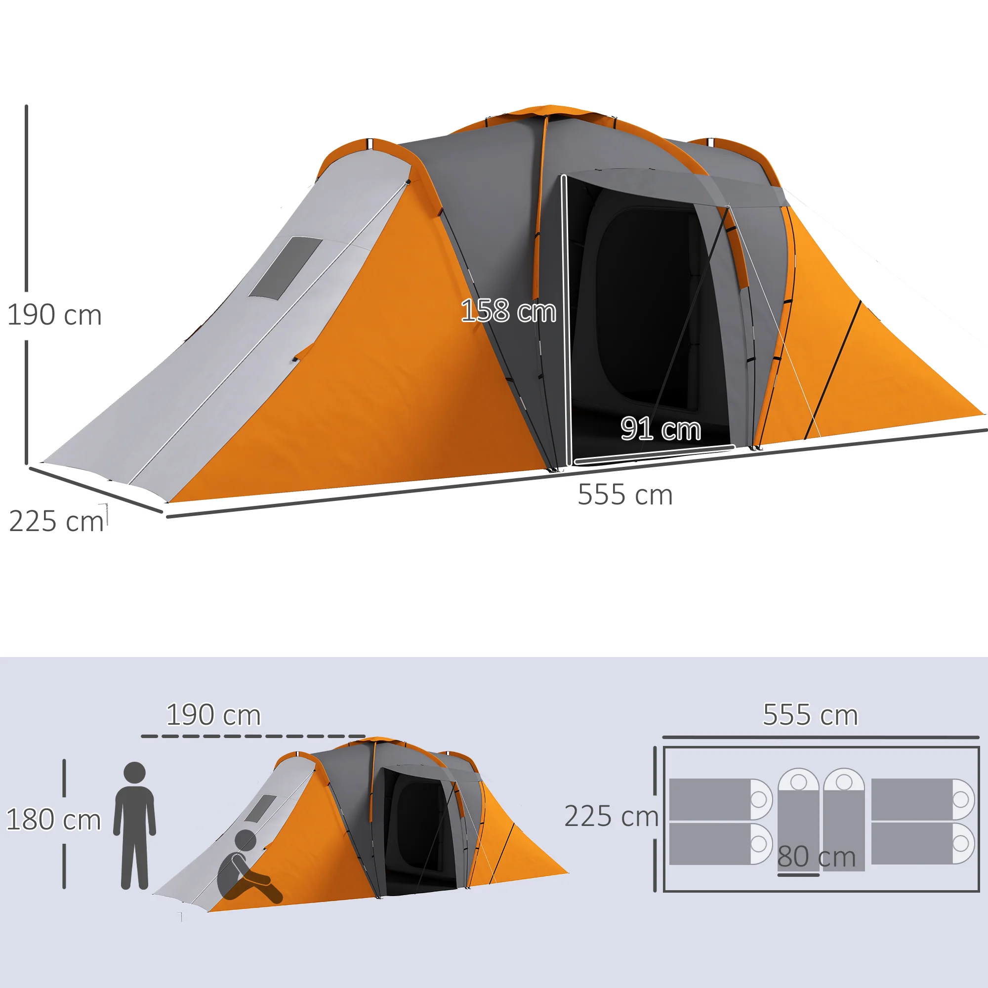 Outsunny 4-6 Man Camping Tent With 2 Bedroom And Living Area, Grey And Orange - Image 14