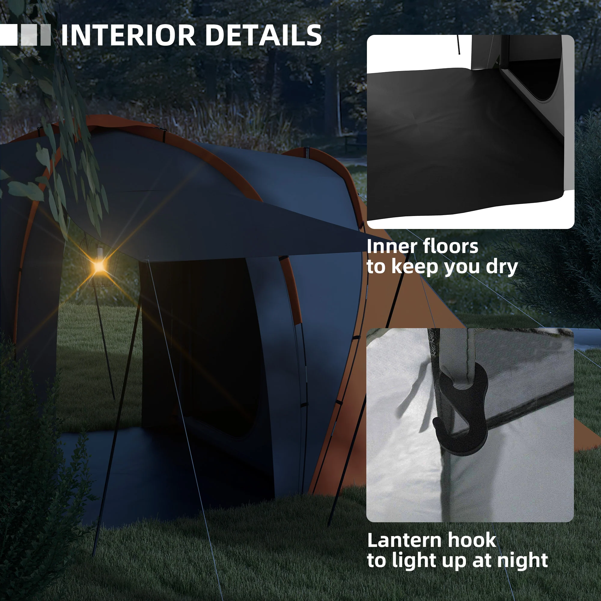 Outsunny 4-6 Man Camping Tent With 2 Bedroom And Living Area, Grey And Orange - Image 15