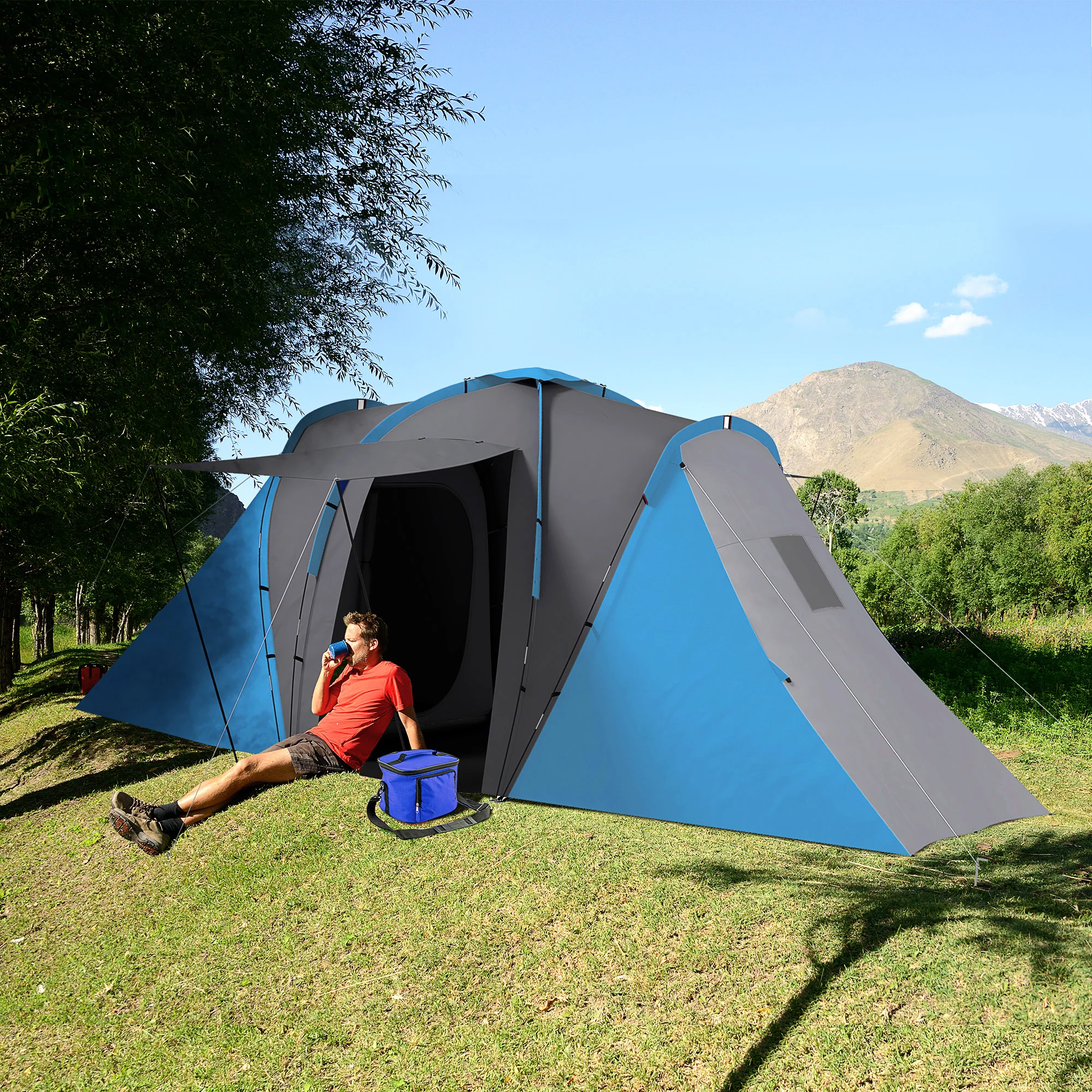 Outsunny 4-6 Man Camping Tent With 2 Bedroom And Living Area, Grey And Orange - Image 2
