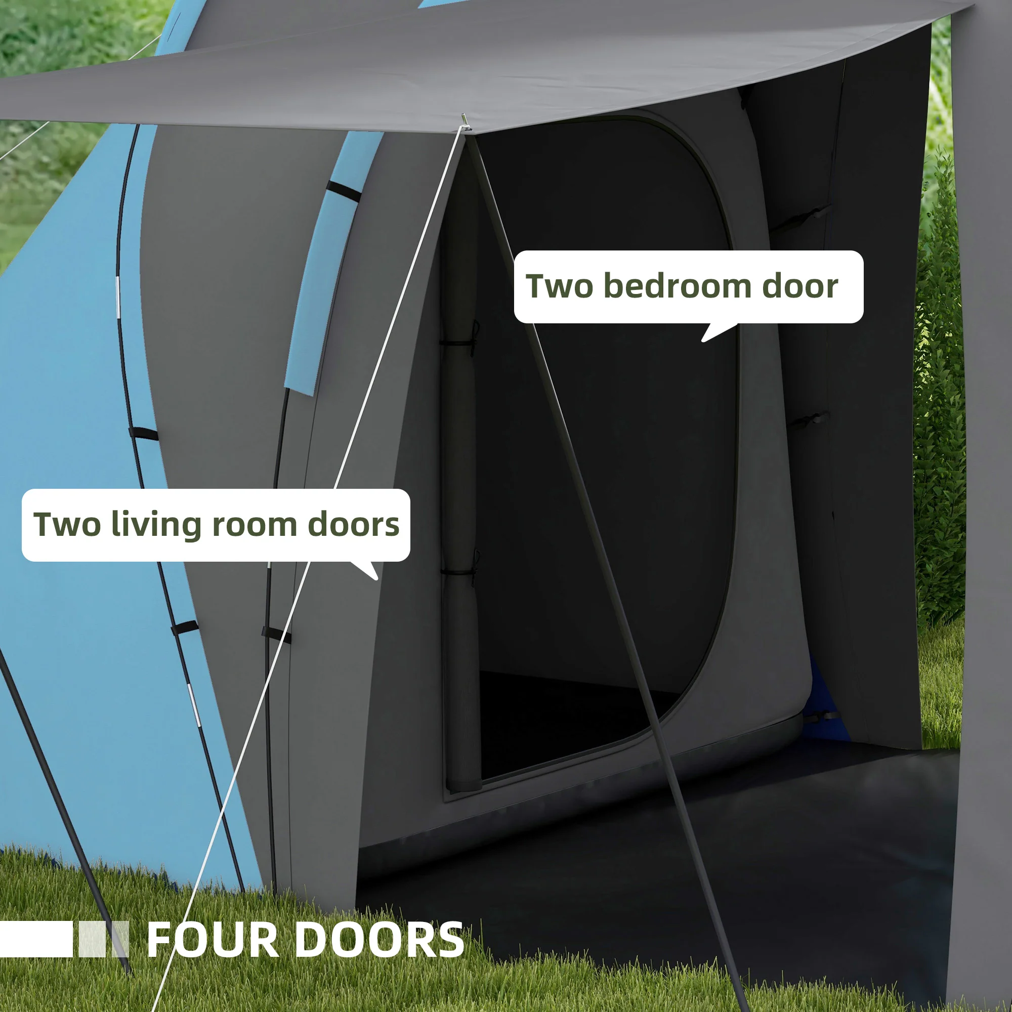 Outsunny 4-6 Man Camping Tent With 2 Bedroom And Living Area, Grey And Orange - Image 4