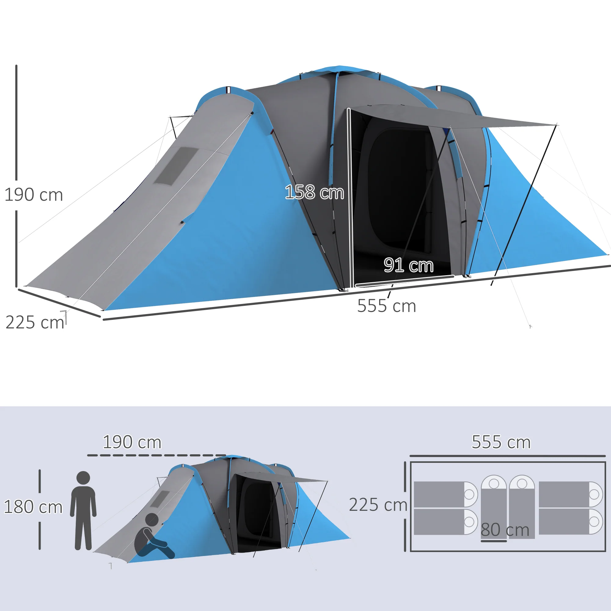 Outsunny 4-6 Man Camping Tent With 2 Bedroom And Living Area, Grey And Orange - Image 5