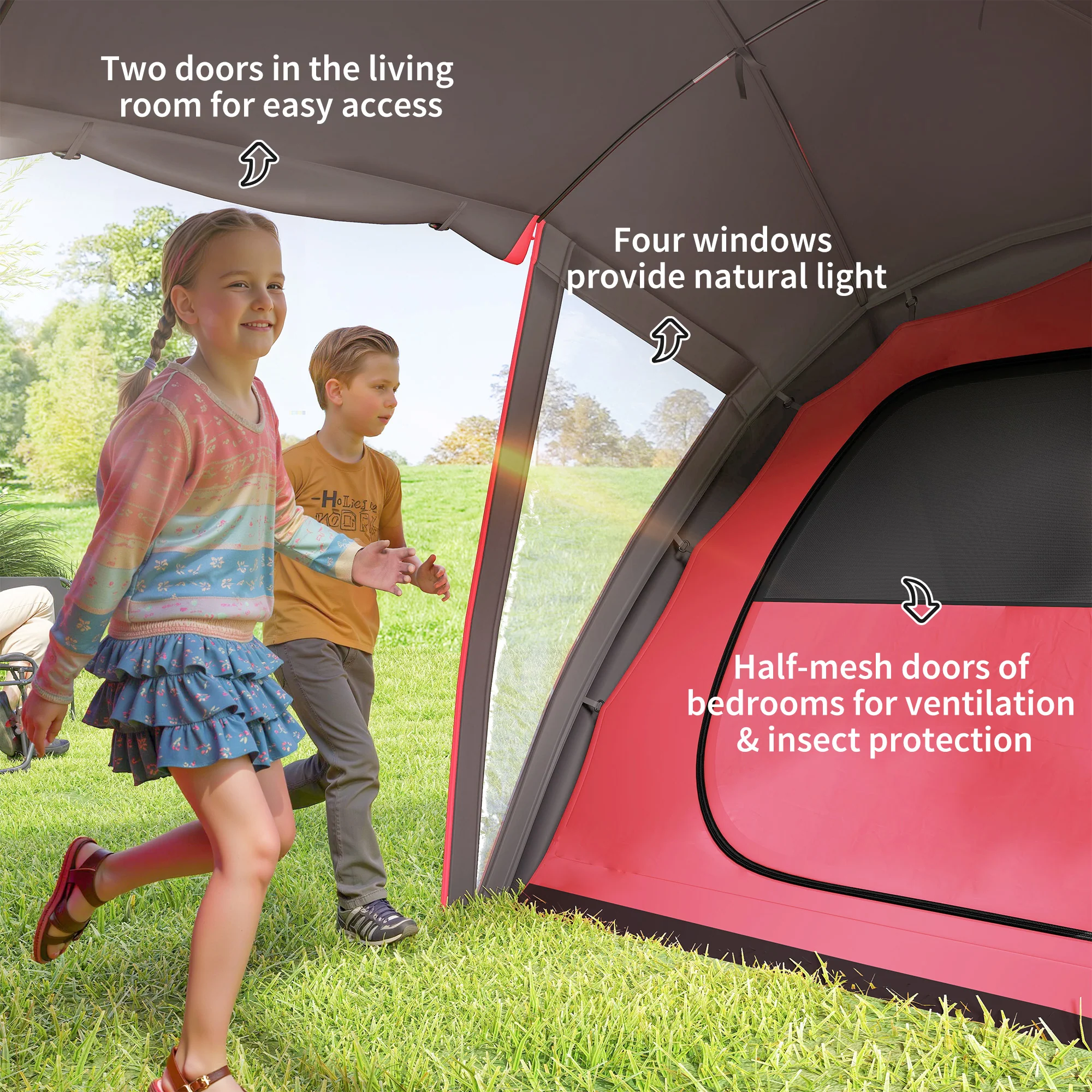 Outsunny 4-6 Man Family Camping Tent W/ 2 Bedrooms, A Living Room - Grey/Blue - Image 15